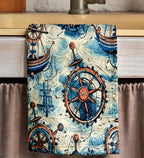 Nautical Tea Towels, Lighthouse Sailboat Kitchen Towel, Maritime Hand Towel, Rustic Nautical Dish Towel, Blue Anchor Tea Towel