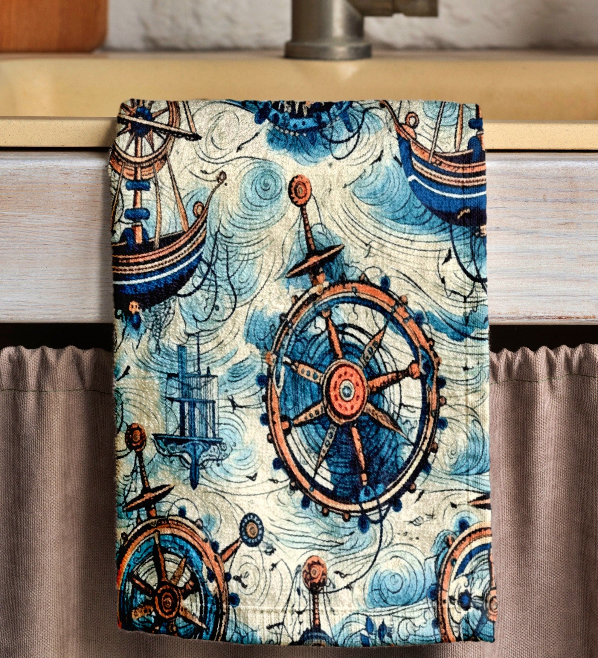 Nautical Tea Towels, Lighthouse Sailboat Kitchen Towel, Maritime Hand Towel, Rustic Nautical Dish Towel, Blue Anchor Tea Towel