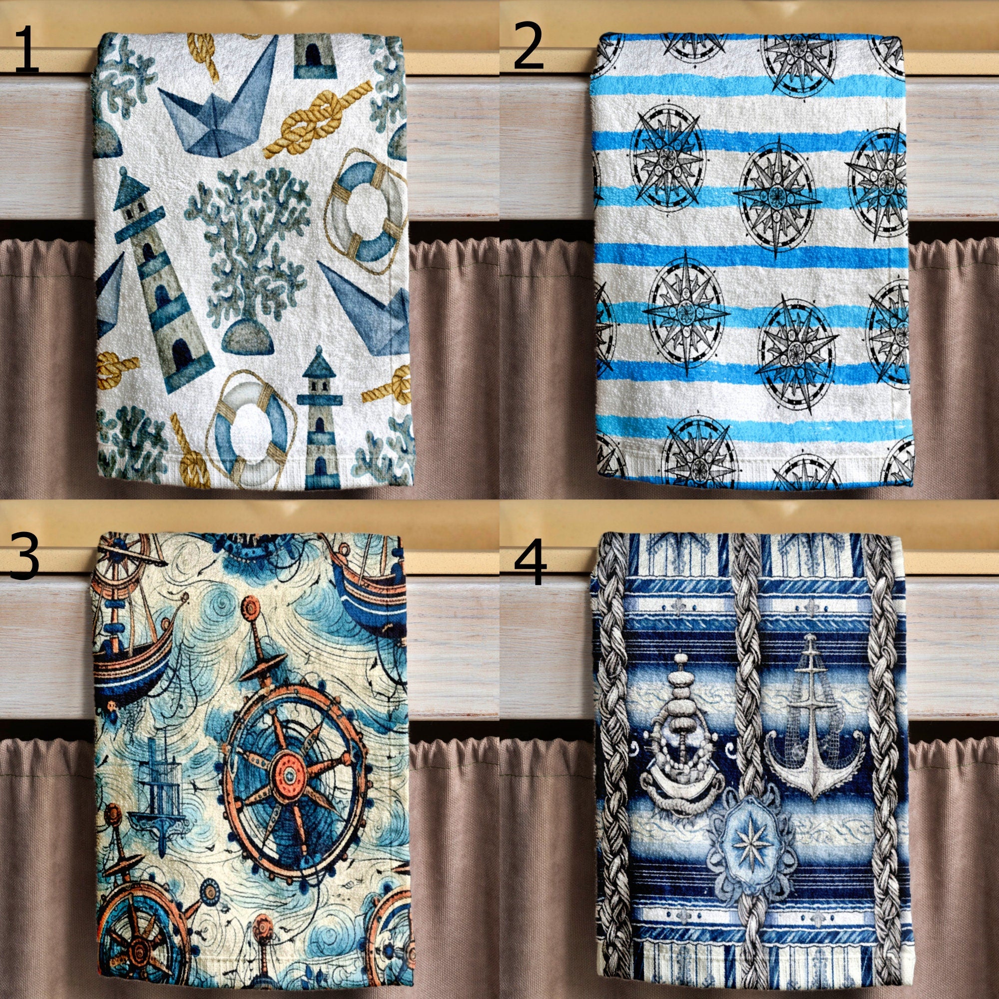 Nautical Tea Towels, Lighthouse Sailboat Kitchen Towel, Maritime Hand Towel, Rustic Nautical Dish Towel, Blue Anchor Tea Towel