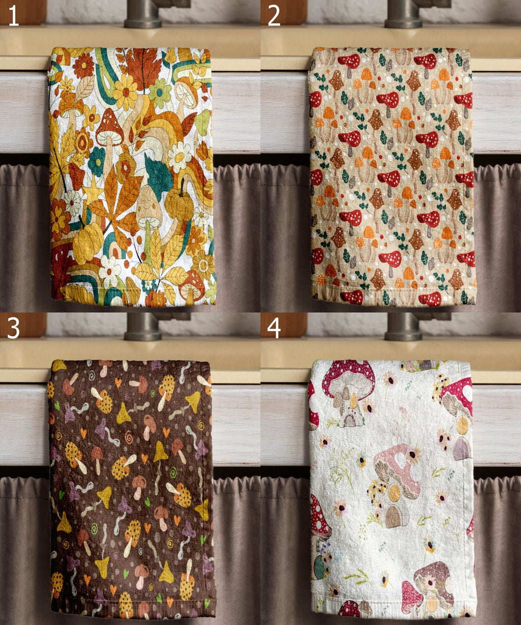 Fall Mushroom Hand Towel, Autumn Leaves Tea Towels, Autumn Mushroom Tea Towels, Fall Dish Towel, Fall Orange Leaves Kitchen Towels