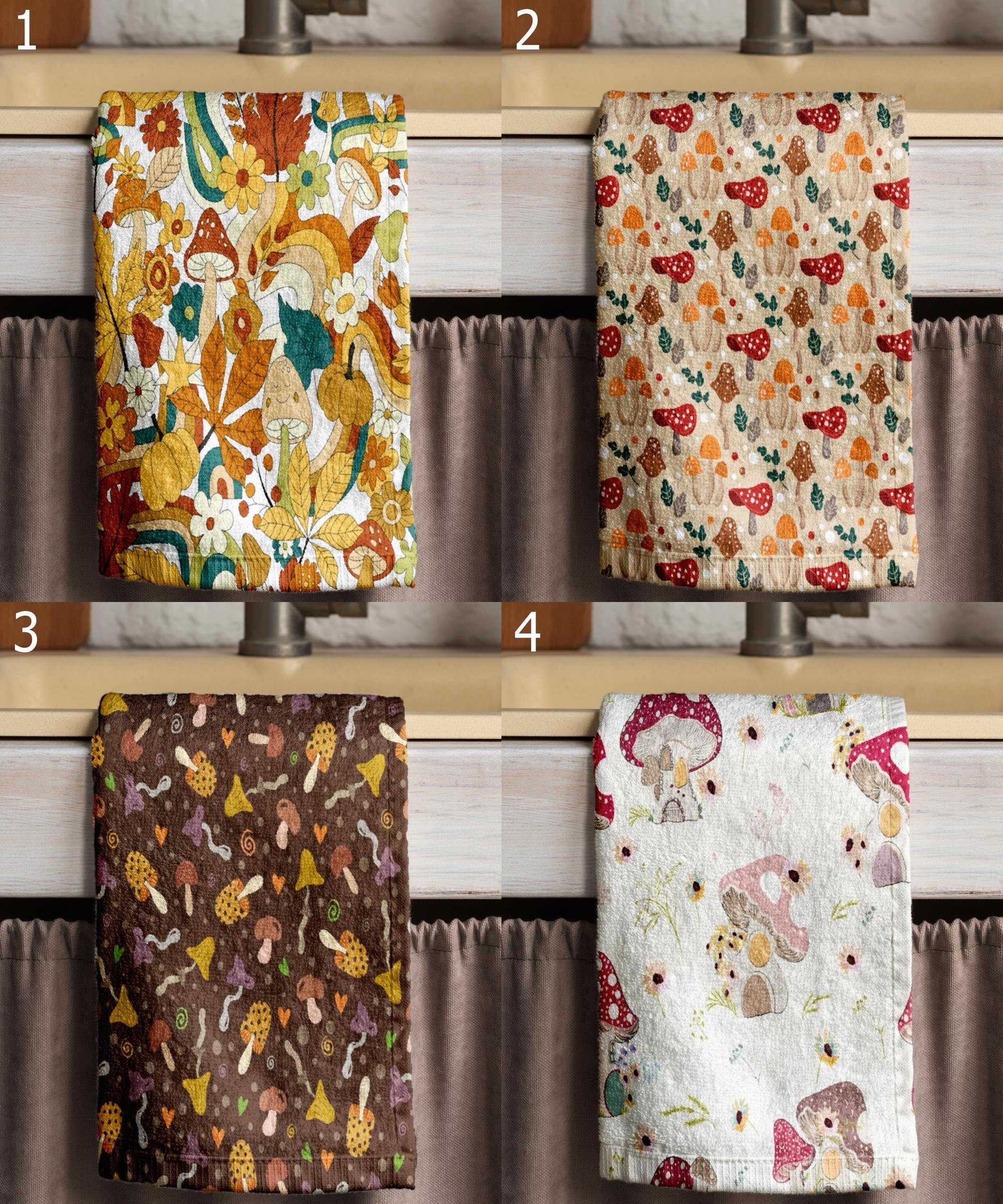 Fall Mushroom Hand Towel, Autumn Leaves Tea Towels, Autumn Mushroom Tea Towels, Fall Dish Towel, Fall Orange Leaves Kitchen Towels
