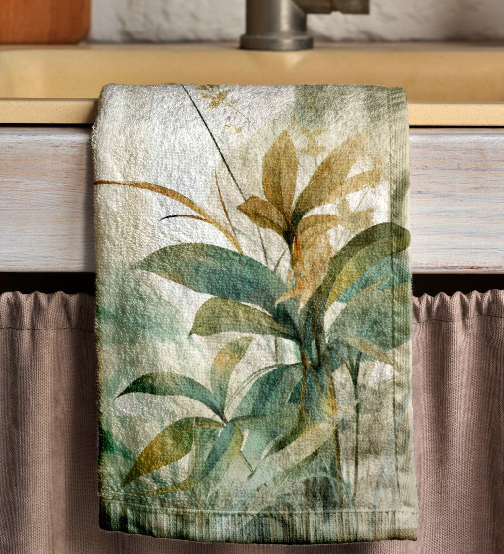 Tropical Abstract Tea Towels, Tropical Leaves Dish Towel, Exotic Leaf Hand Towel, Multicolor Botanical Kitchen Towels, Green Leaf Tea Towels