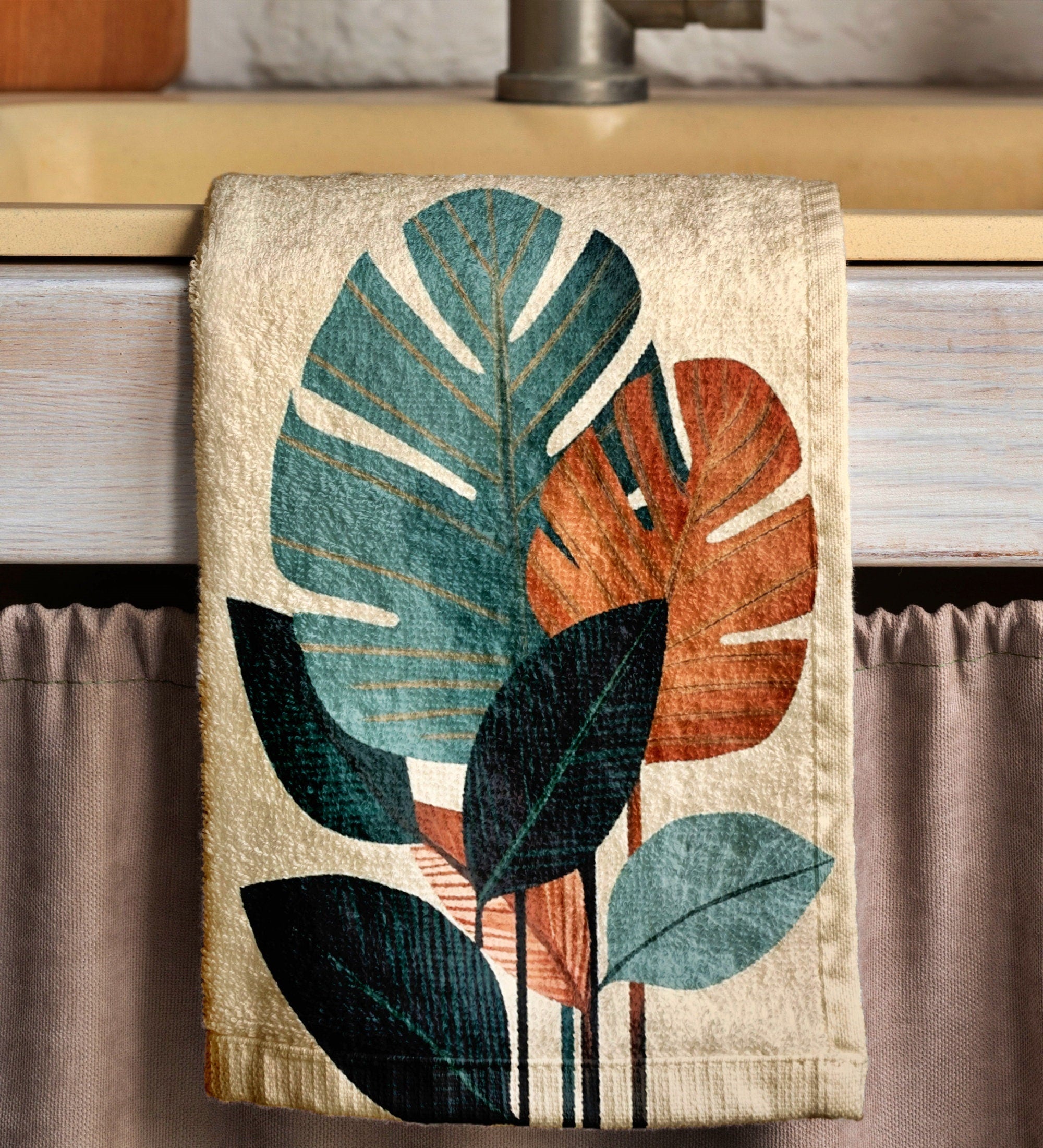 Tropical Abstract Tea Towels, Tropical Leaves Dish Towel, Exotic Leaf Hand Towel, Multicolor Botanical Kitchen Towels, Green Leaf Tea Towels
