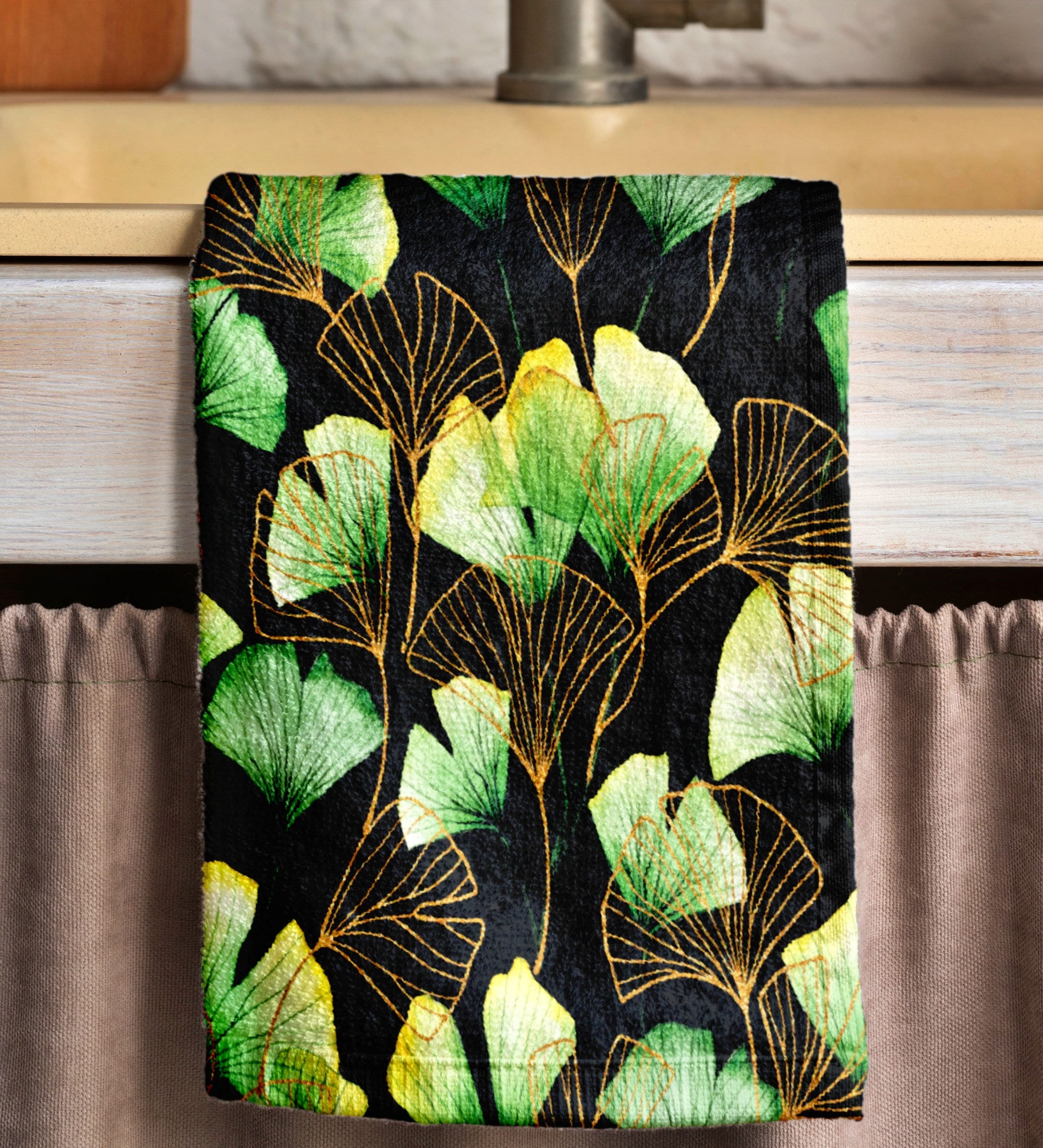 Dark Green Botanical Tea Towels, Elegant Leaf Print Kitchen Towels, Nature-Inspired Hand Towels, Modern Tropical Dish Towels