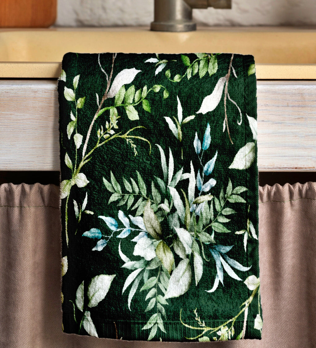 Dark Green Botanical Tea Towels, Elegant Leaf Print Kitchen Towels, Nature-Inspired Hand Towels, Modern Tropical Dish Towels