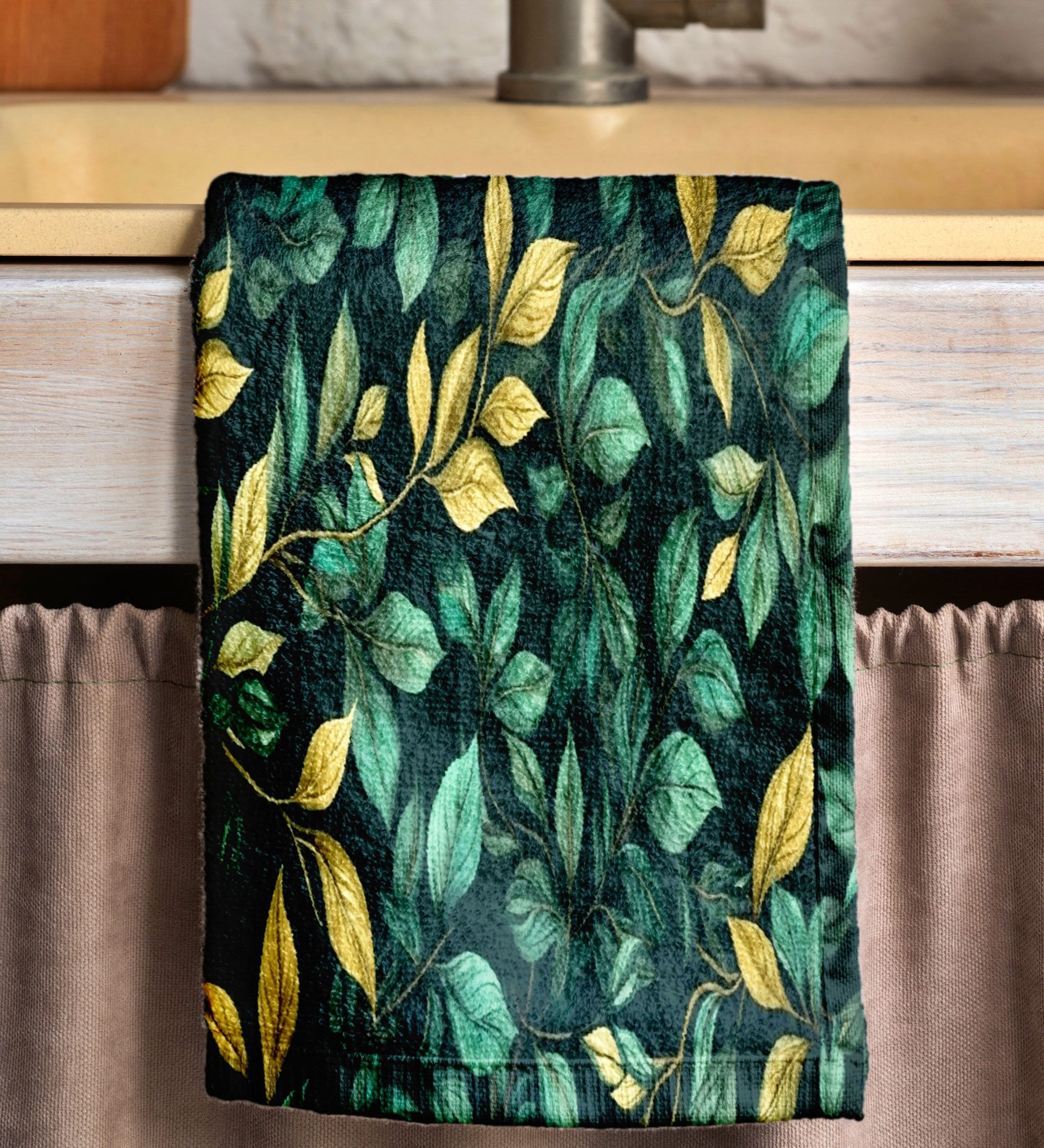 Dark Green Botanical Tea Towels, Elegant Leaf Print Kitchen Towels, Nature-Inspired Hand Towels, Modern Tropical Dish Towels