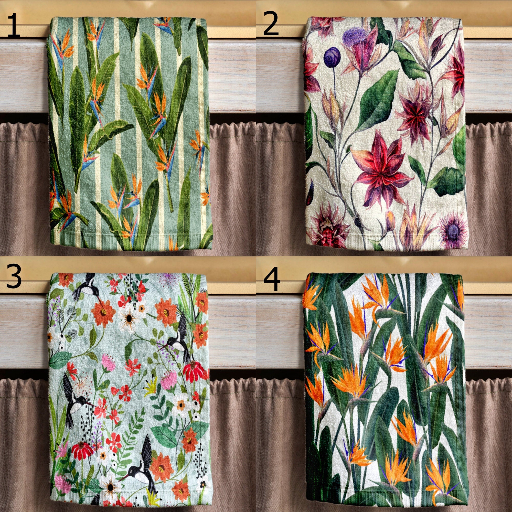 Floral Tea Towels, Bird of Paradise Tea Towels, Tropical Flowers Dish Towel, Exotic Flowers Hand Towel, Multicolor Floral Kitchen Towels