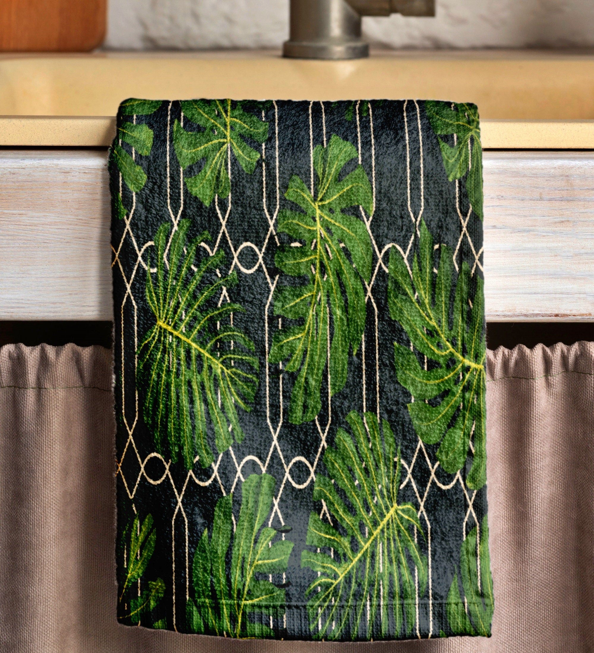 Tropical Botanical Tea Towels, Exotic Jungle Print Kitchen Towels, Dark Green Leaf Dish Towels, Boho Tropical Hand Towels
