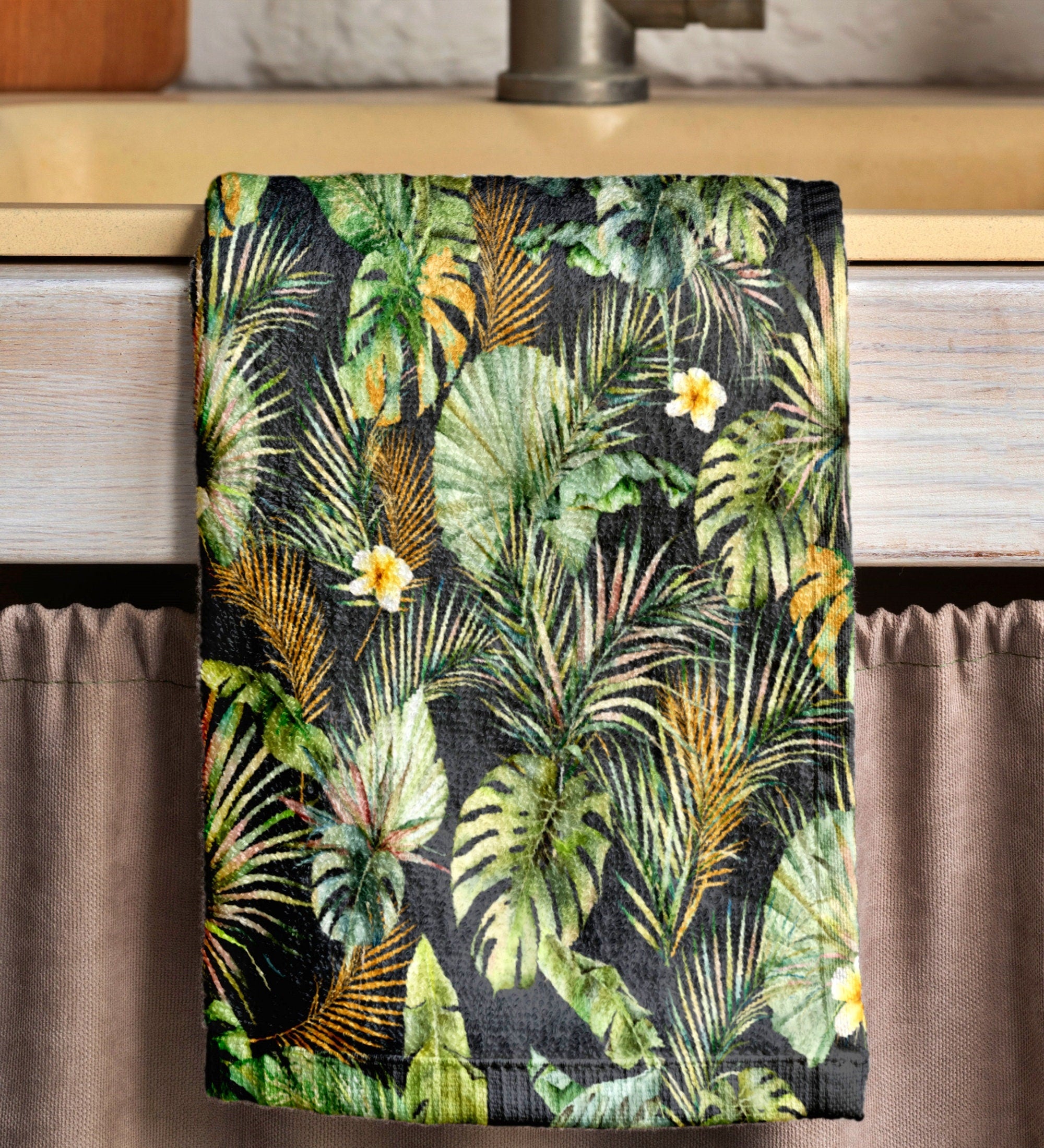 Tropical Botanical Tea Towels, Exotic Jungle Print Kitchen Towels, Dark Green Leaf Dish Towels, Boho Tropical Hand Towels