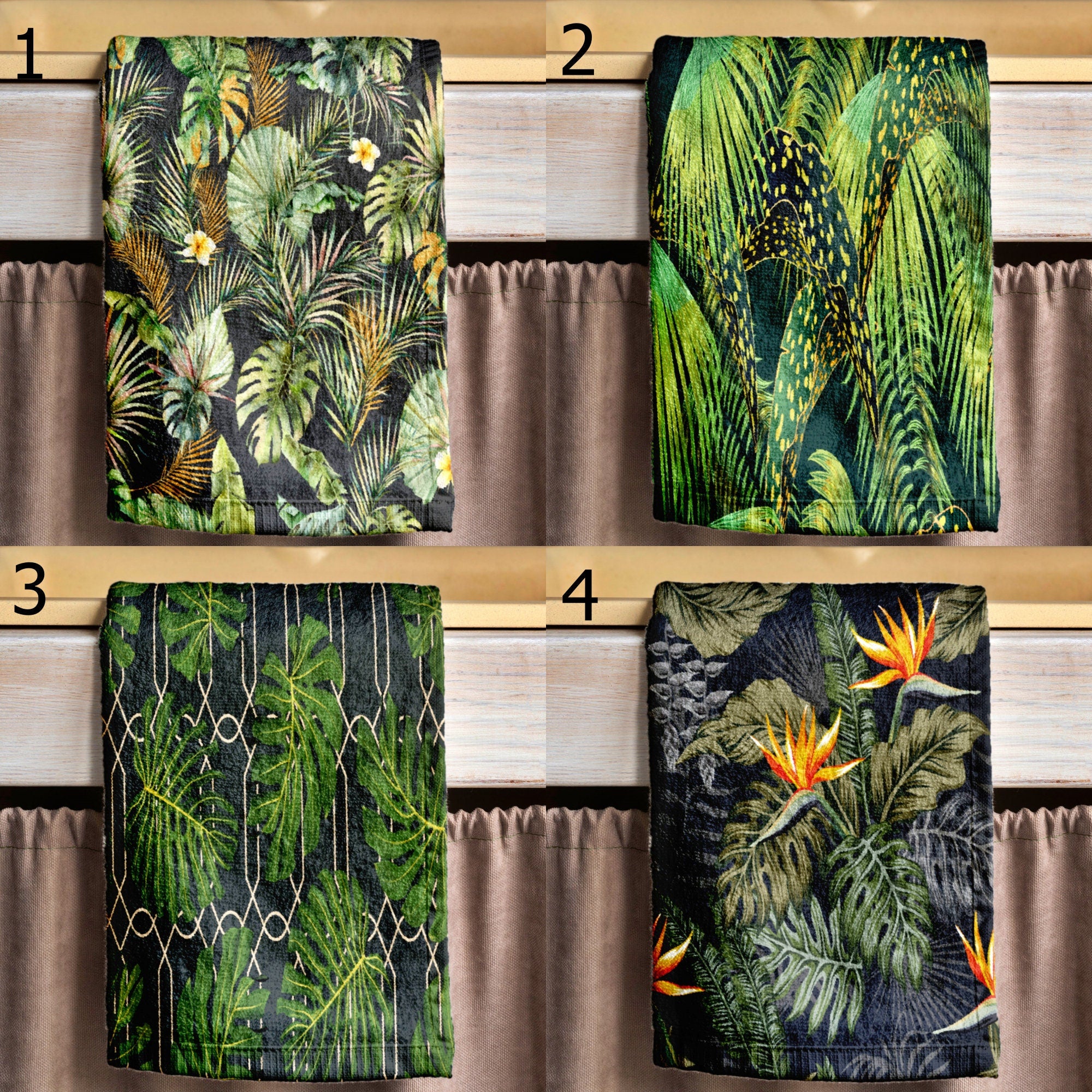 Tropical Botanical Tea Towels, Exotic Jungle Print Kitchen Towels, Dark Green Leaf Dish Towels, Boho Tropical Hand Towels