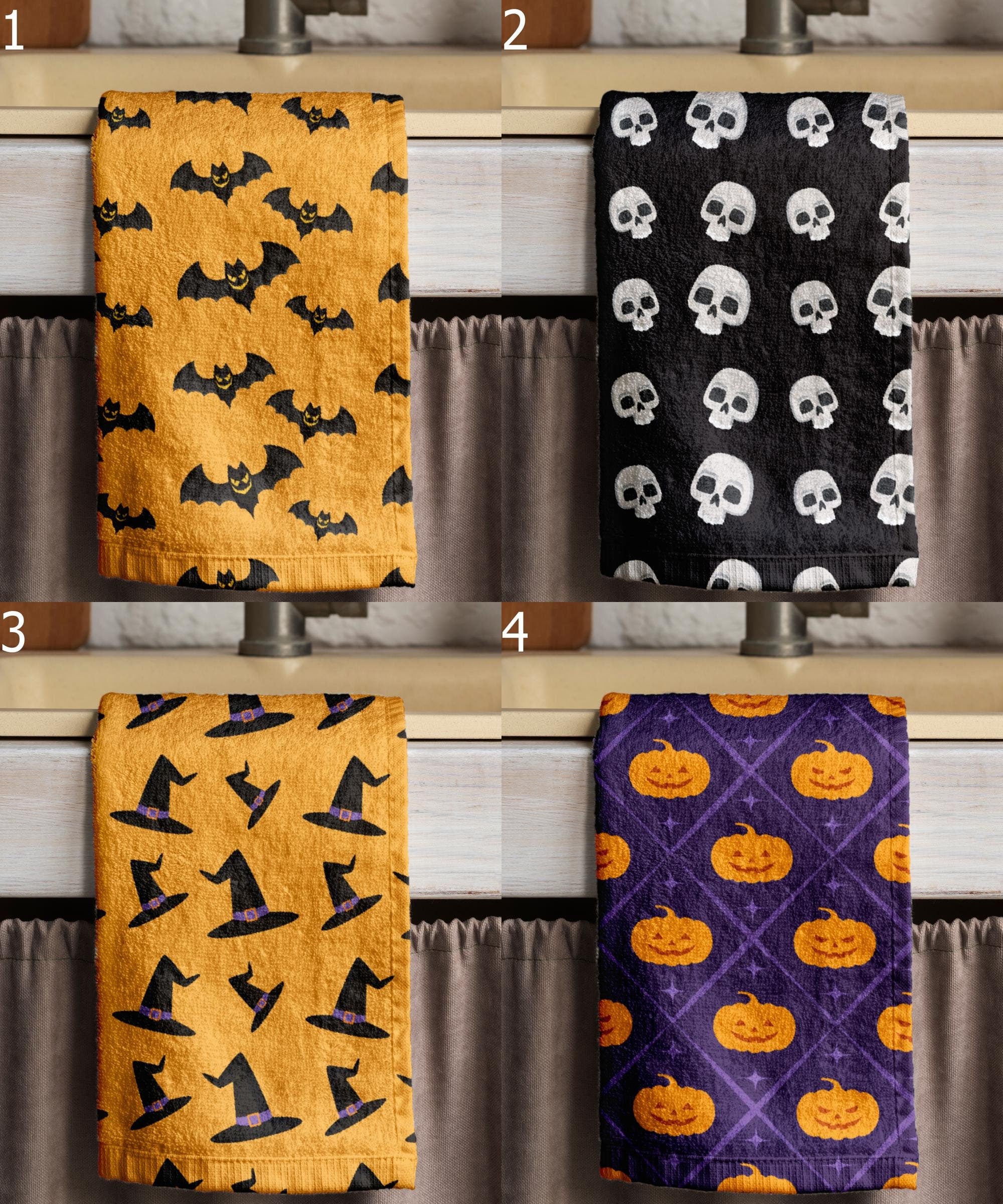 Halloween Tea Towels, Halloween Cute Bat Dish Towel, Halloween Hand Towel, Orange Halloween Print Kitchen Towels, Halloween Kitchen Decor