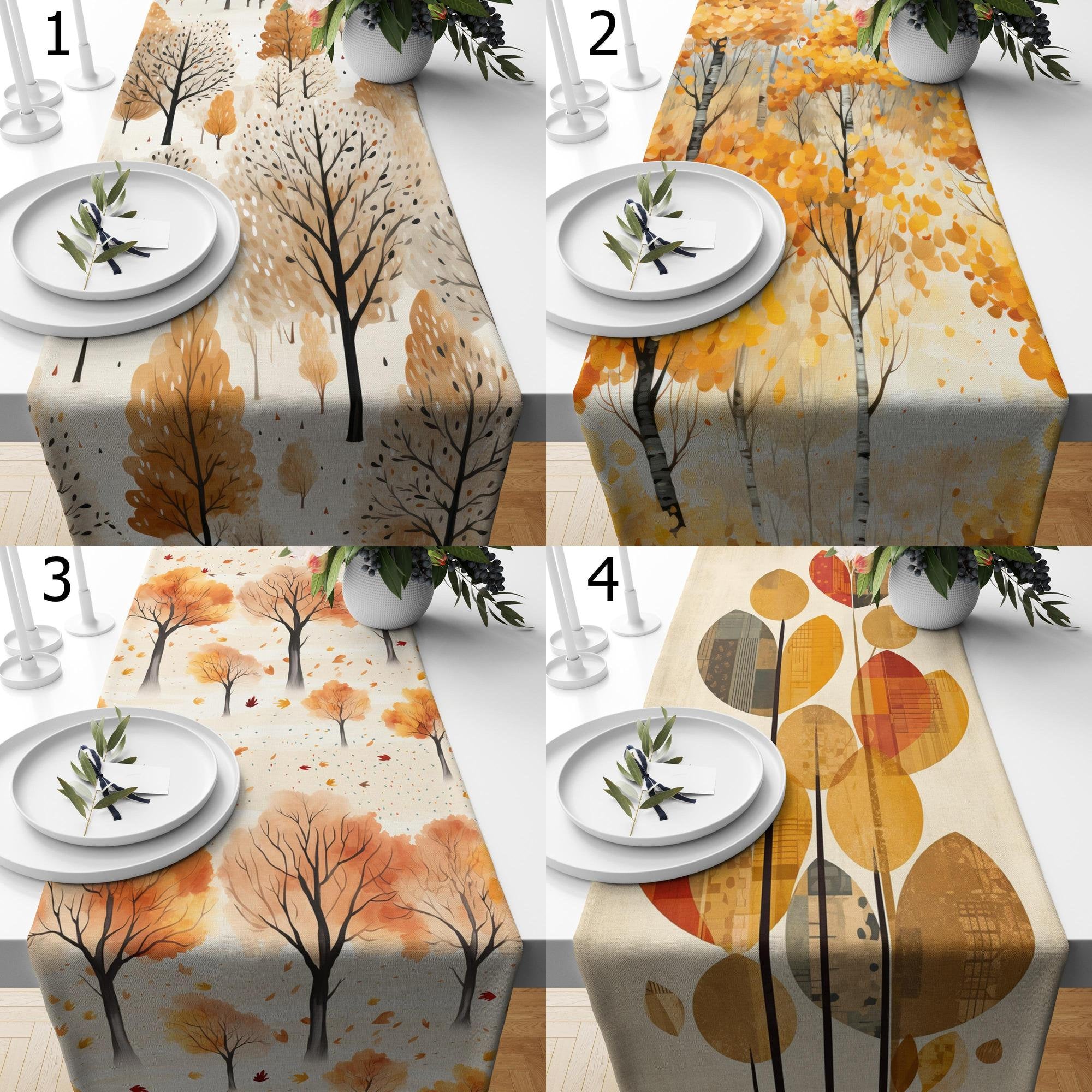 Autumn Tree Table Runner, Fall Dry Leaves Table Runners, Fall Table Runners, Autumn Table Decor, Seasonal Orange Leaves Table Runner