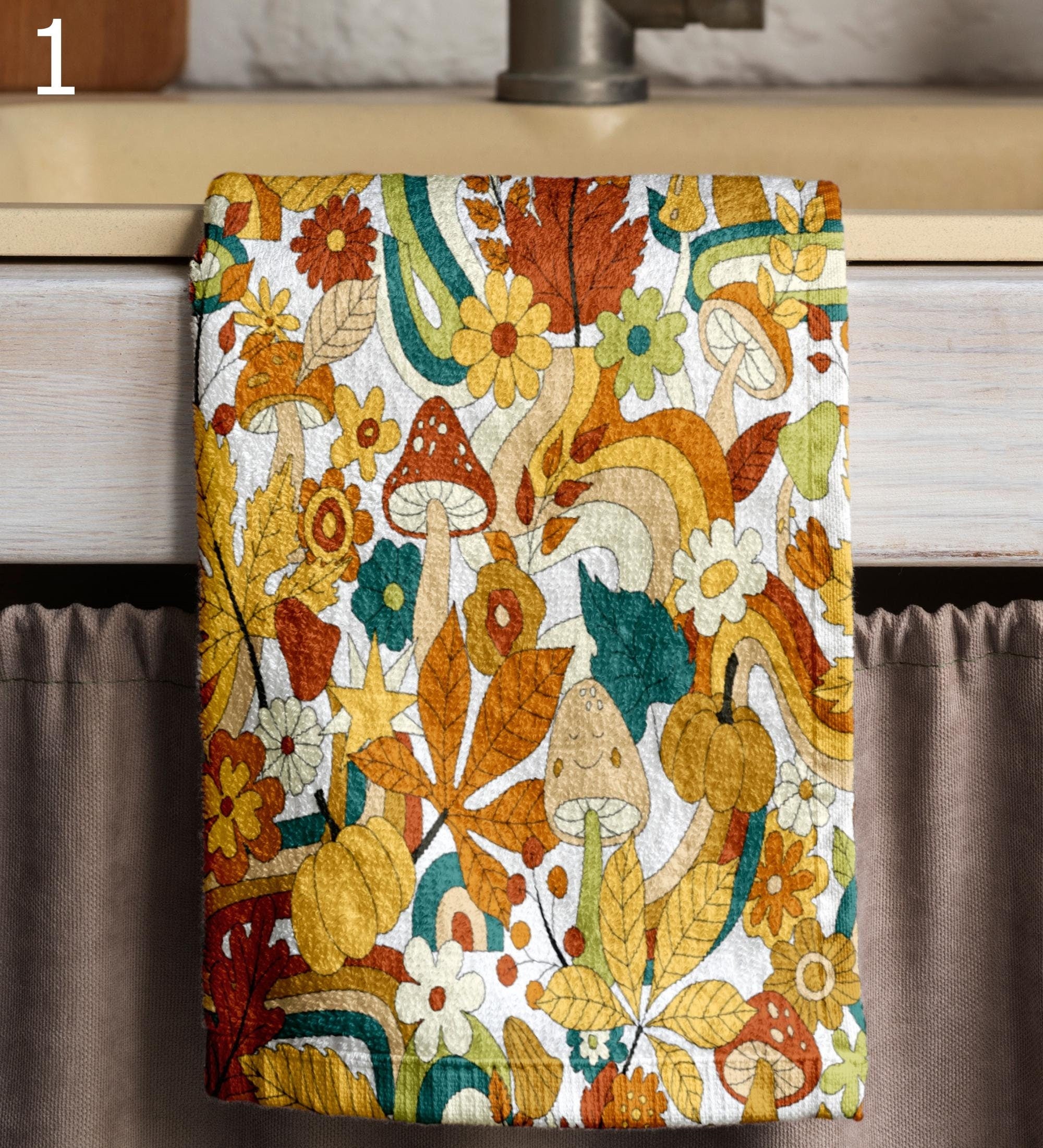 Fall Mushroom Hand Towel, Autumn Leaves Tea Towels, Autumn Mushroom Tea Towels, Fall Dish Towel, Fall Orange Leaves Kitchen Towels