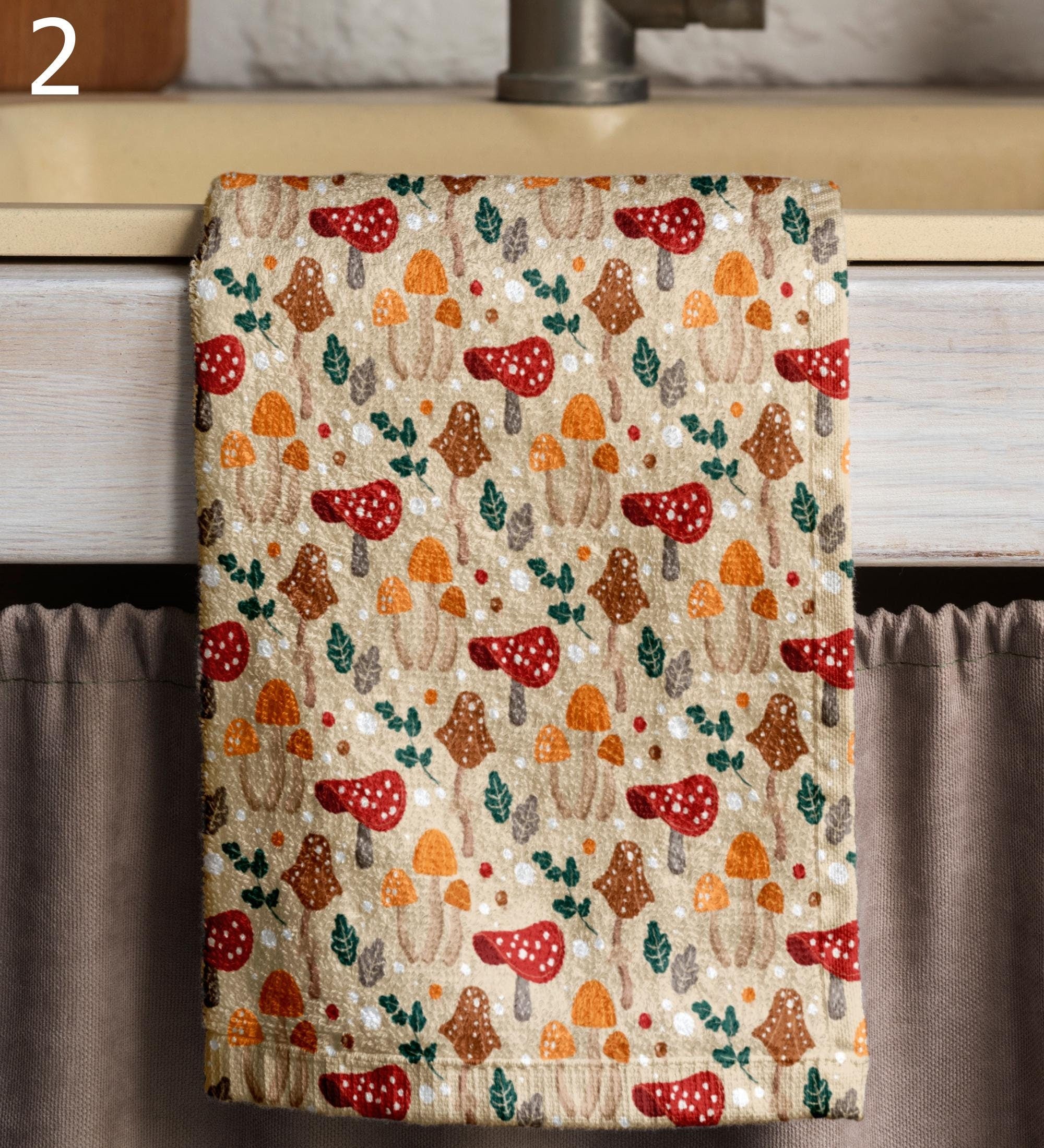 Fall Mushroom Hand Towel, Autumn Leaves Tea Towels, Autumn Mushroom Tea Towels, Fall Dish Towel, Fall Orange Leaves Kitchen Towels