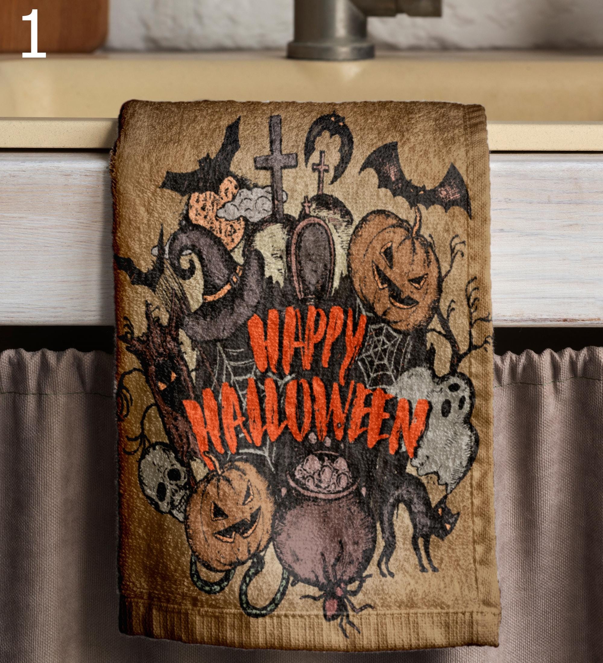 Happy Halloween Tea Towels, Halloween Bat Kitchen Decor, Halloween Orange Kitchen Towels, Spooky Hand Towels, Halloween Gifts Kitchen