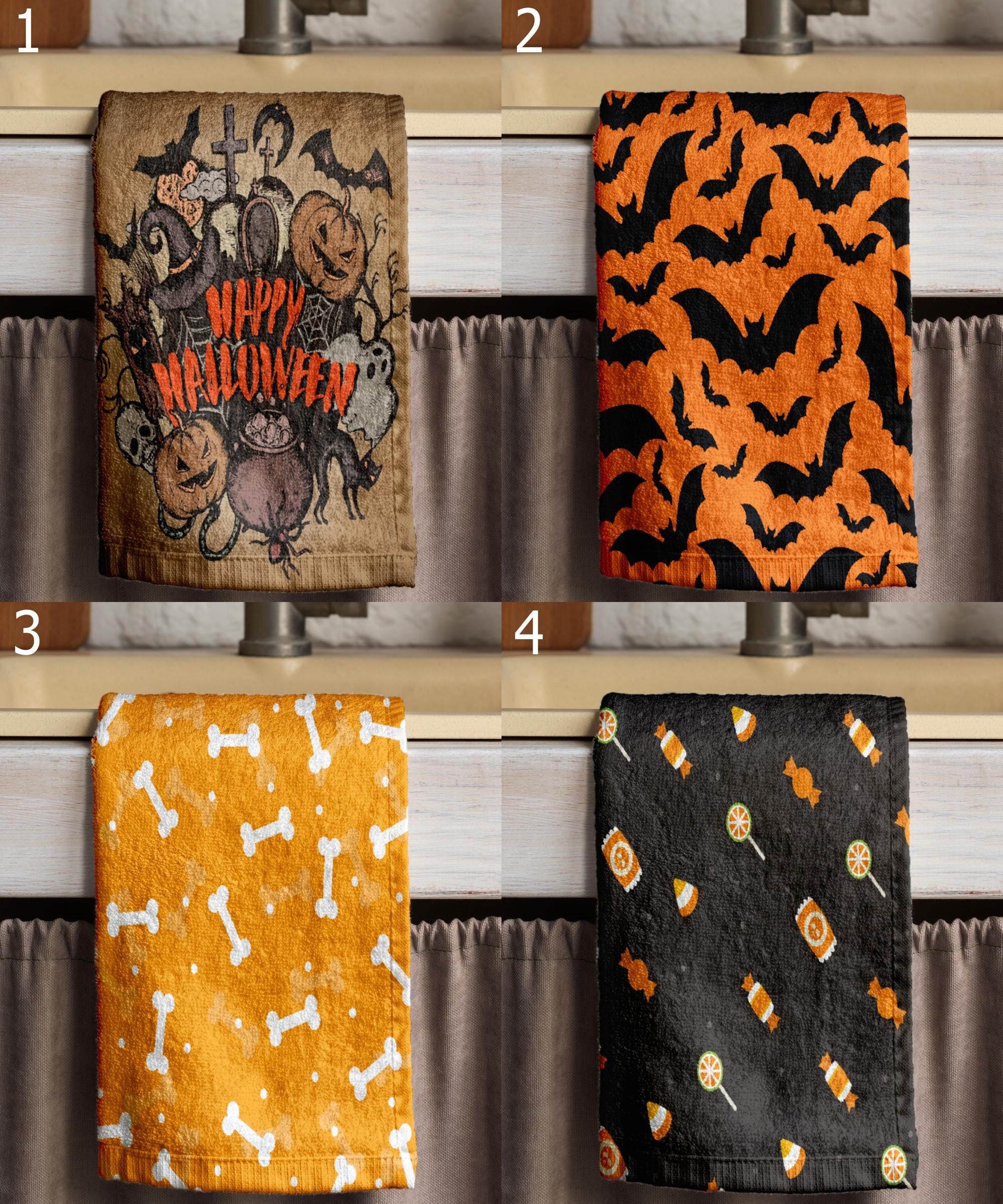 Happy Halloween Tea Towels, Halloween Bat Kitchen Decor, Halloween Orange Kitchen Towels, Spooky Hand Towels, Halloween Gifts Kitchen