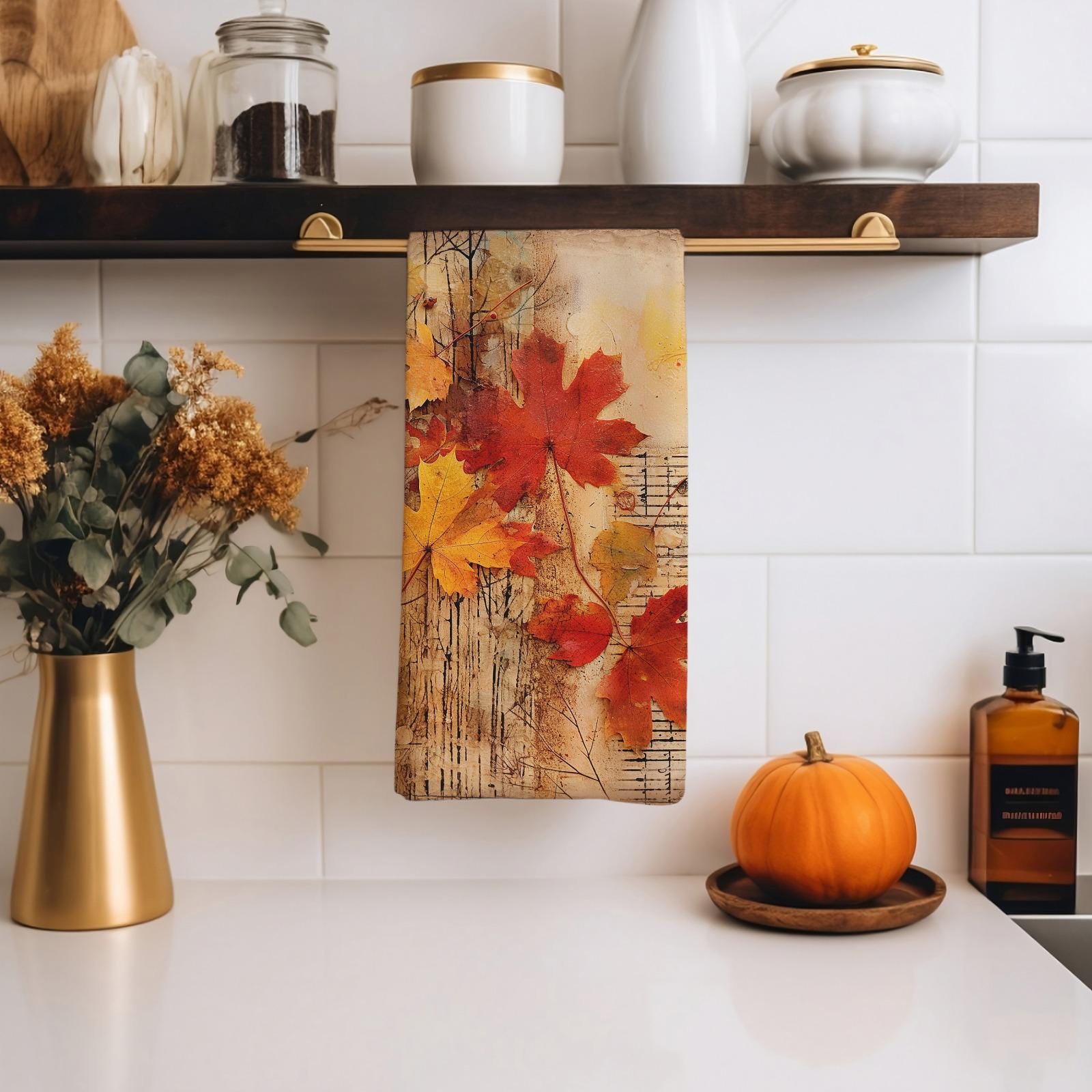 Fall Flowers Leaf Kitchen Towels, Autumn Tea Towels, Fall Hand Towel, Autumn Dish Towels, Thanksgiving Dish Towel