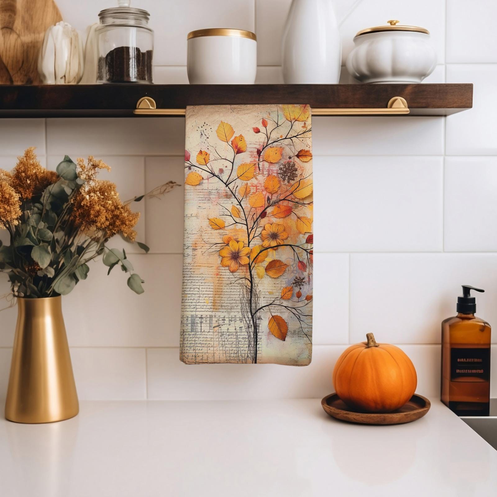 Fall Flowers Leaf Kitchen Towels, Autumn Tea Towels, Fall Hand Towel, Autumn Dish Towels, Thanksgiving Dish Towel