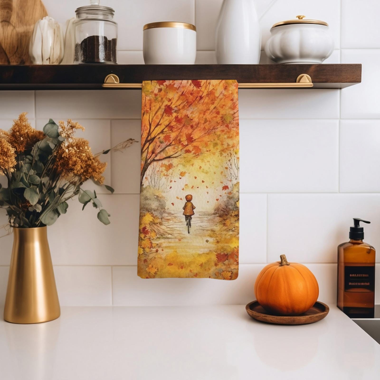 Fall Flowers Leaf Kitchen Towels, Autumn Tea Towels, Fall Hand Towel, Autumn Dish Towels, Thanksgiving Dish Towel