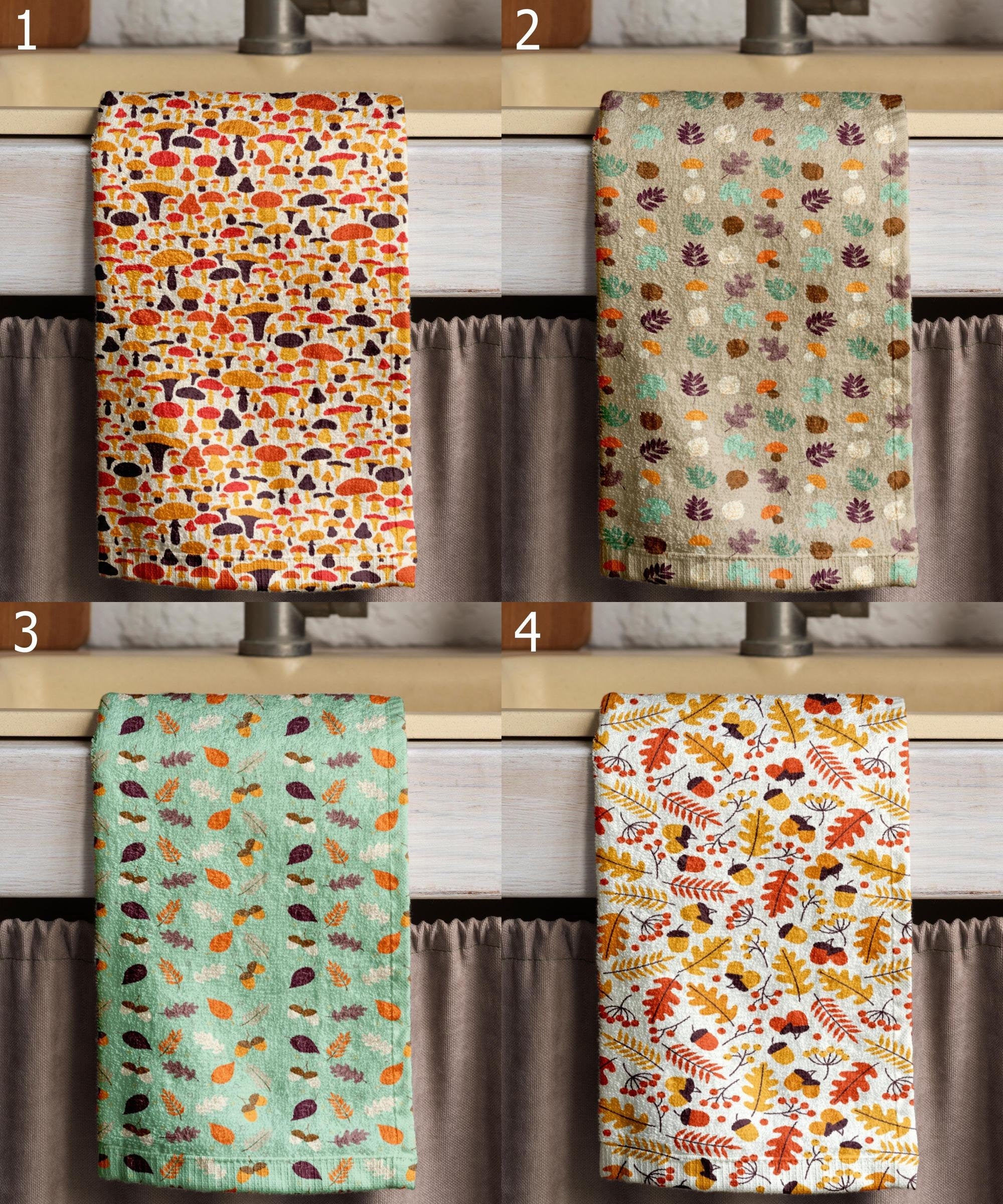 Autumn Mushroom Tea Towels, Fall Floral Dish Towel, Fall Leaves Kitchen Towels, Autumn Leaf Kitchen Decor, Fall Mushroom Hand Towel