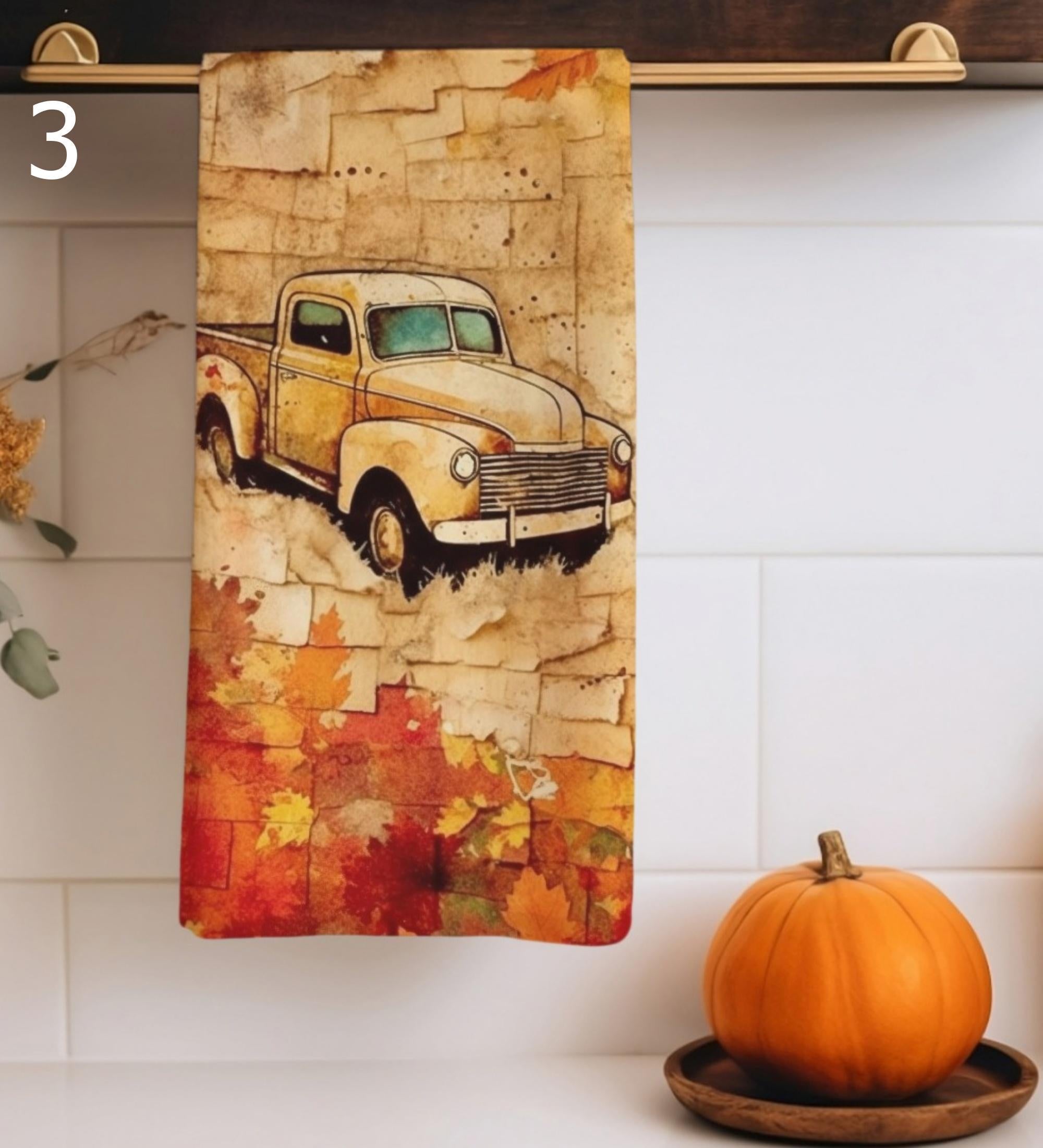 Autumn Car Tea Towels, Fall Leaves Kitchen Towels, Watercolor Orange Kitchen Decor, Fall Classic Car Kitchen Decor, Fall Tea Towels