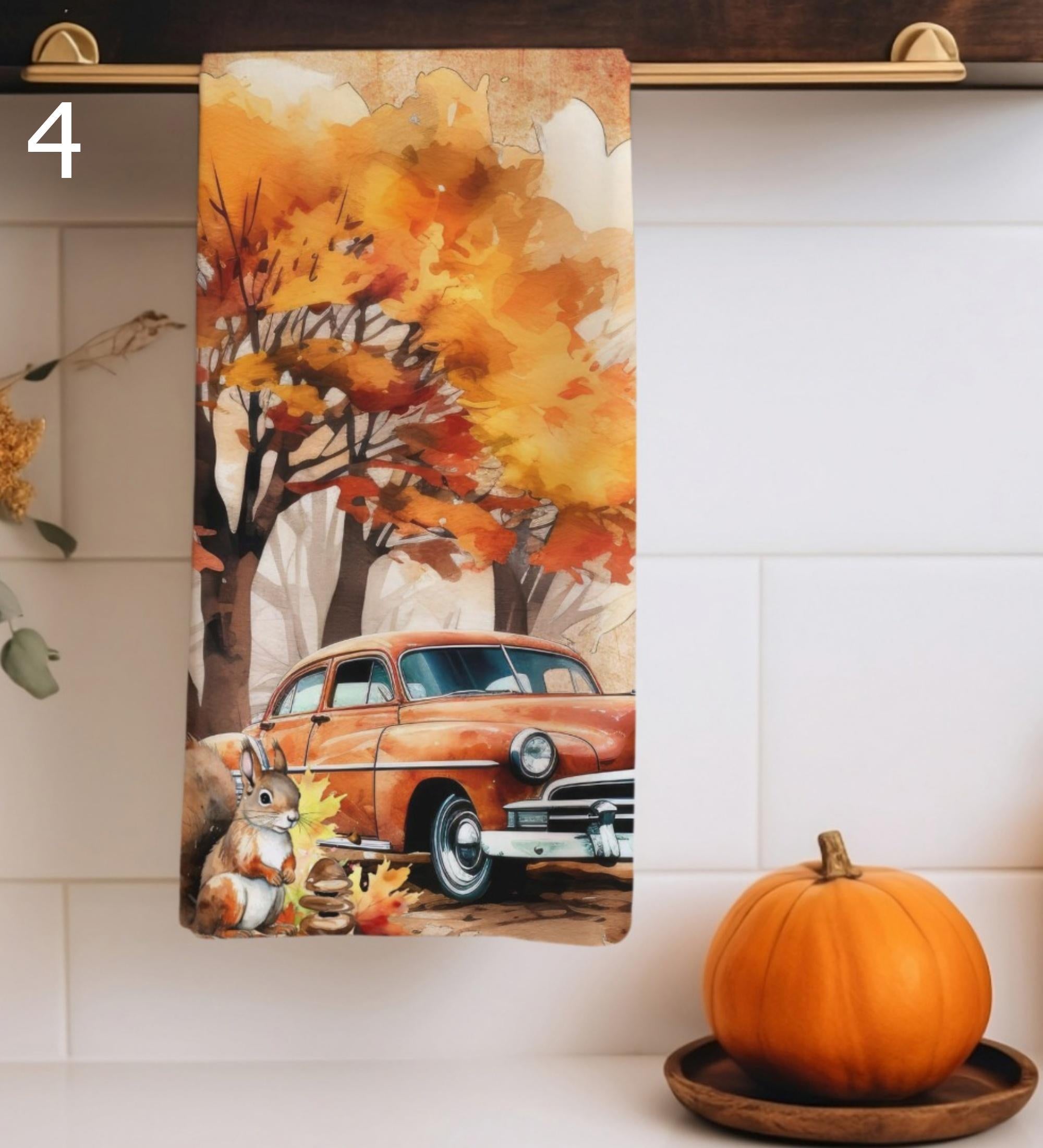 Autumn Car Tea Towels, Fall Leaves Kitchen Towels, Watercolor Orange Kitchen Decor, Fall Classic Car Kitchen Decor, Fall Tea Towels