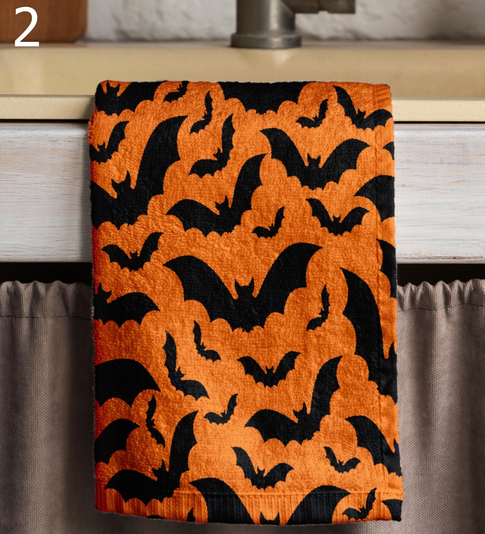 Happy Halloween Tea Towels, Halloween Bat Kitchen Decor, Halloween Orange Kitchen Towels, Spooky Hand Towels, Halloween Gifts Kitchen