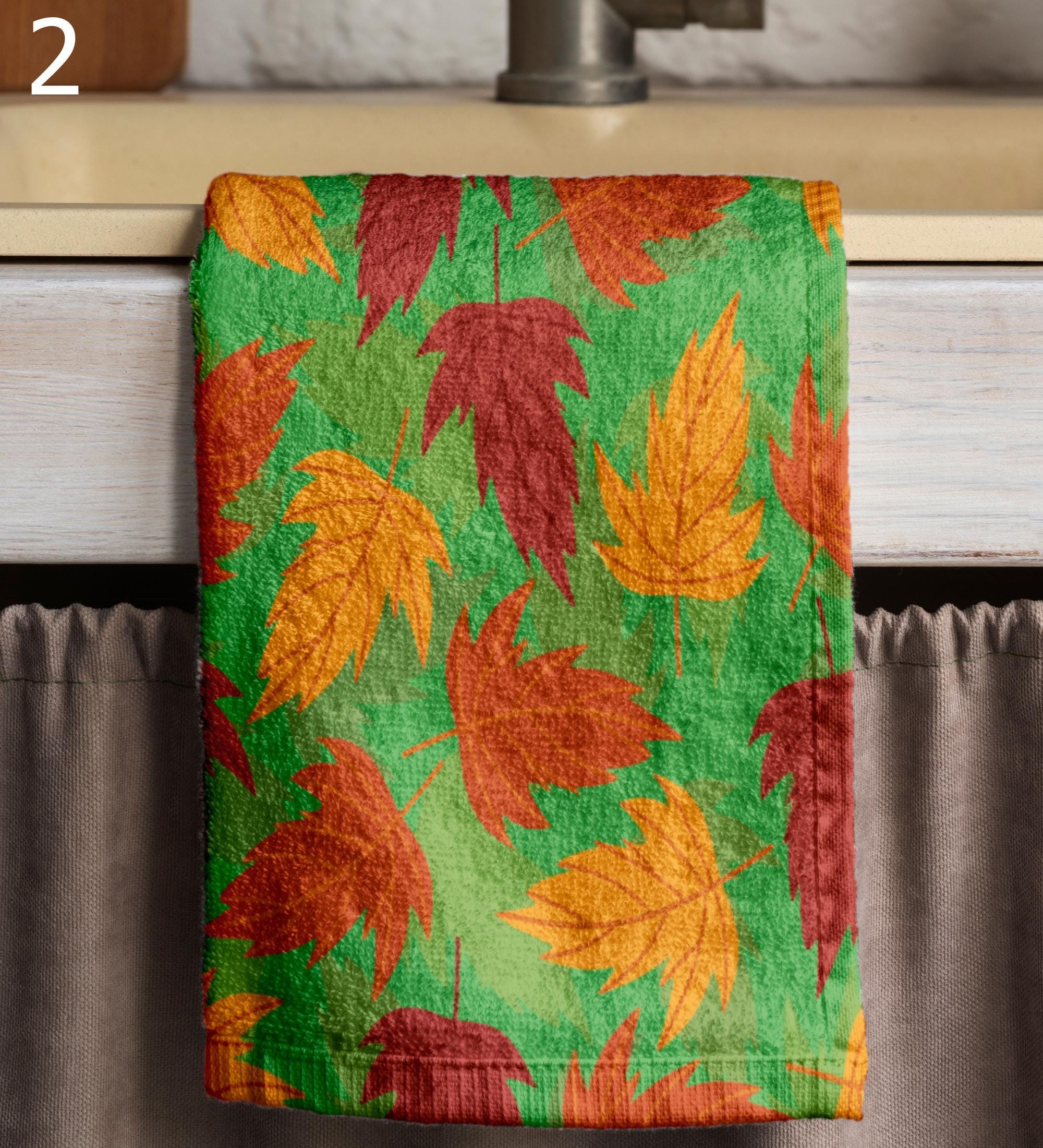 Fall Tea Towels, Autumn Leaf Kitchen Tea Towels, Autumn Printed Dish Towels, Thanksgiving Dish Towel, Fall Kitchen Decor