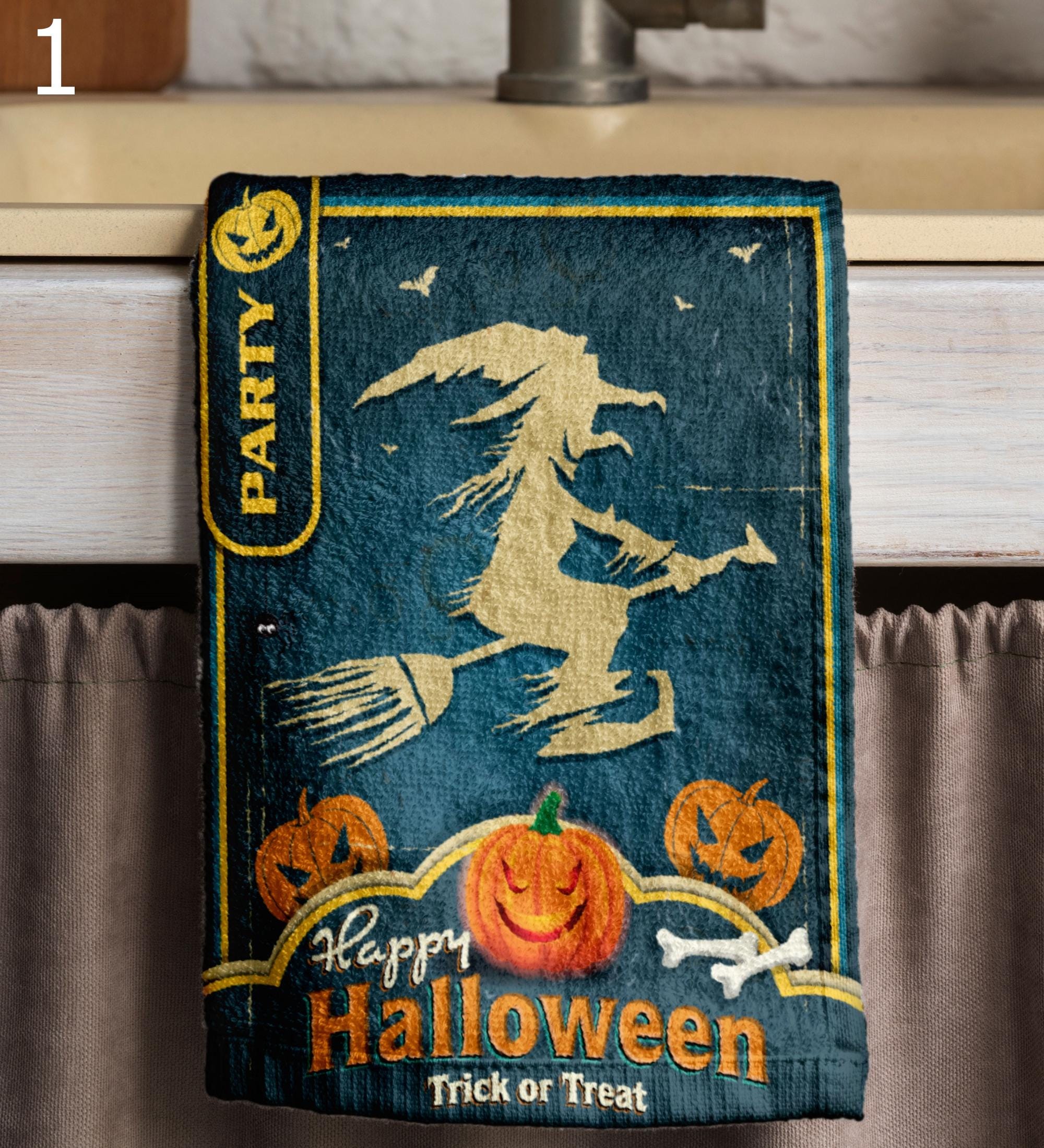 Halloween Kitchen Towels, Spooky Witch Tea Towels, Haunted Castle Kitchen Decor, Cat & Pumpkin Dish Towel, Trick or Treat Towels