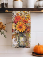 Fall Flowers Leaf Kitchen Towels, Autumn Tea Towels, Fall Hand Towel, Autumn Dish Towels, Thanksgiving Dish Towel