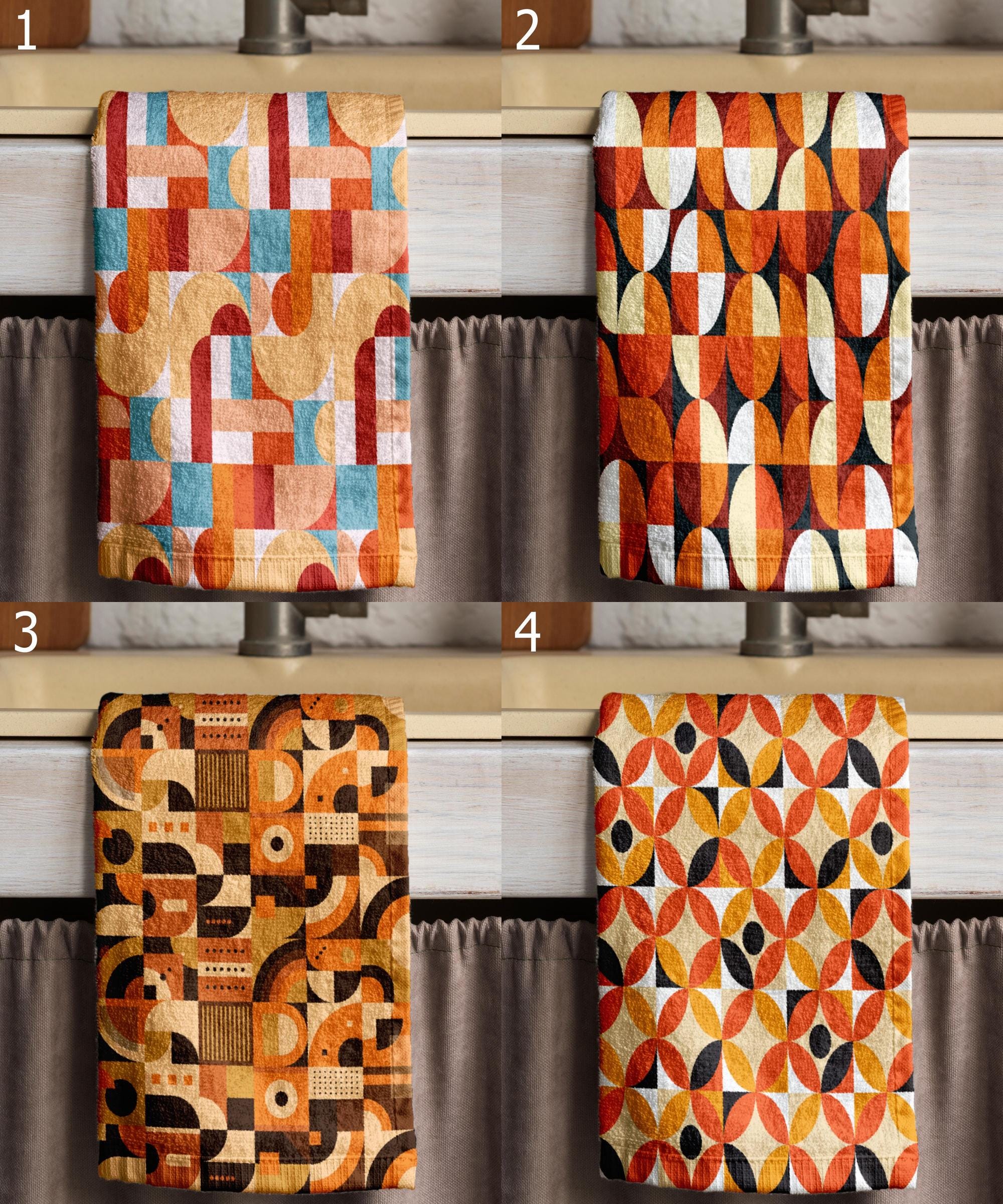 Mid Century Kitchen Towels, Retro Tea Towels, 70s Bauhaus Dish Towels, Bauhaus Retro Bath Towel, Retro Geometric Abstract Bathroom Towels