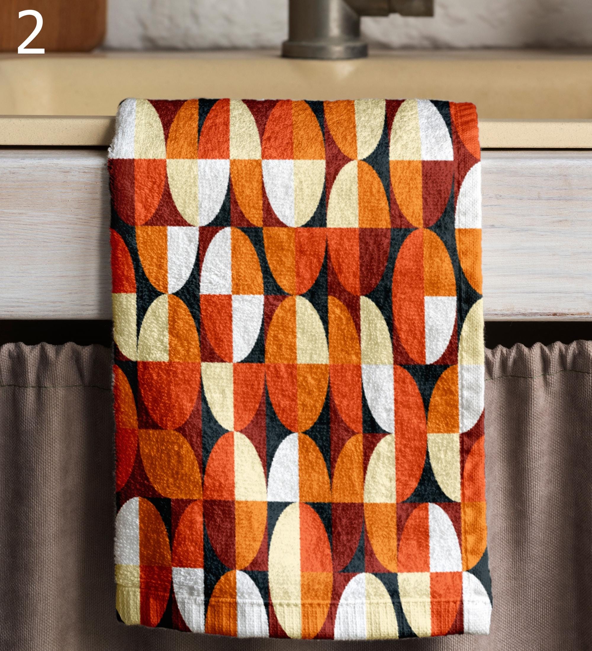 Mid Century Kitchen Towels, Retro Tea Towels, 70s Bauhaus Dish Towels, Bauhaus Retro Bath Towel, Retro Geometric Abstract Bathroom Towels