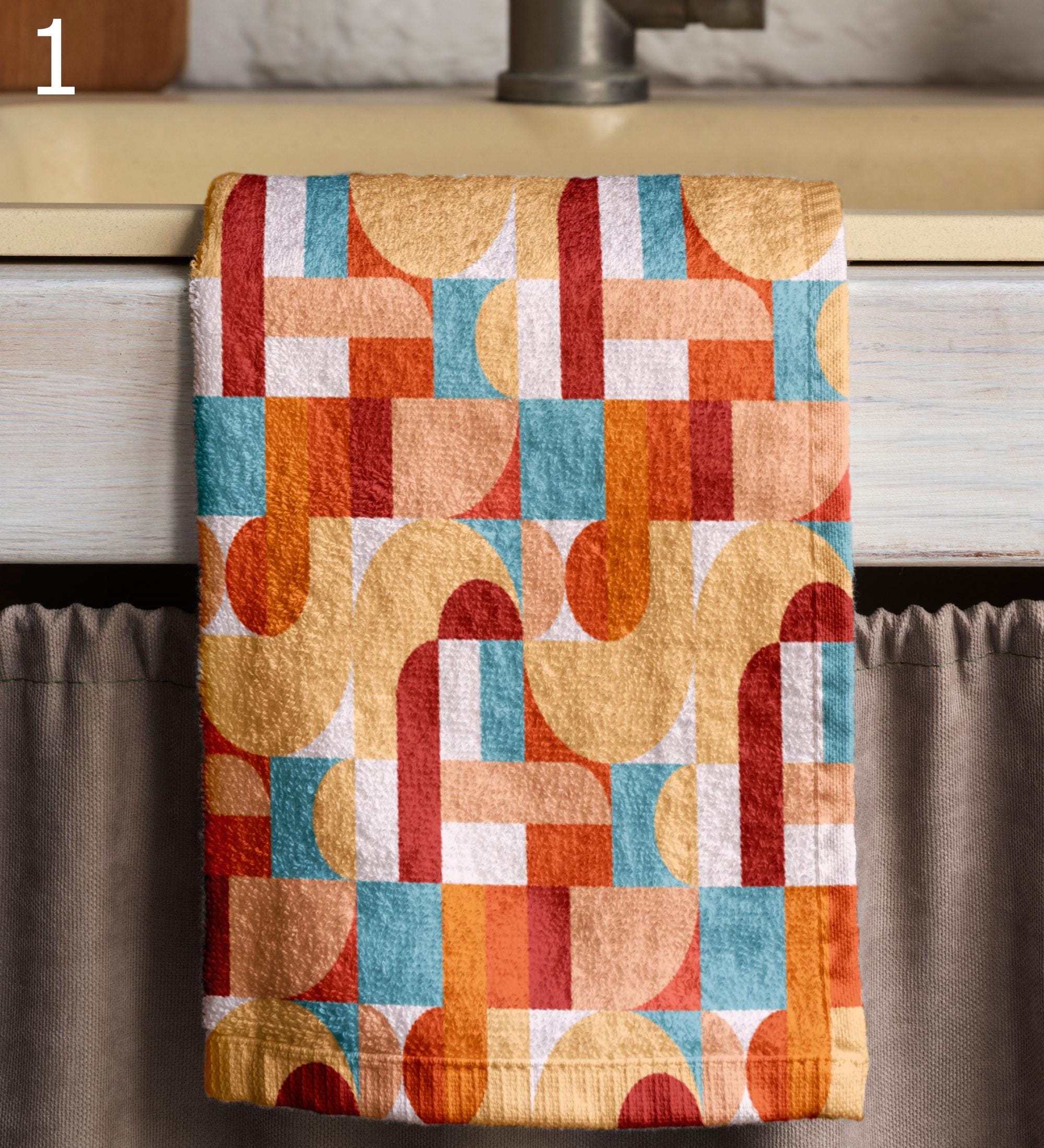 Mid Century Kitchen Towels, Retro Tea Towels, 70s Bauhaus Dish Towels, Bauhaus Retro Bath Towel, Retro Geometric Abstract Bathroom Towels