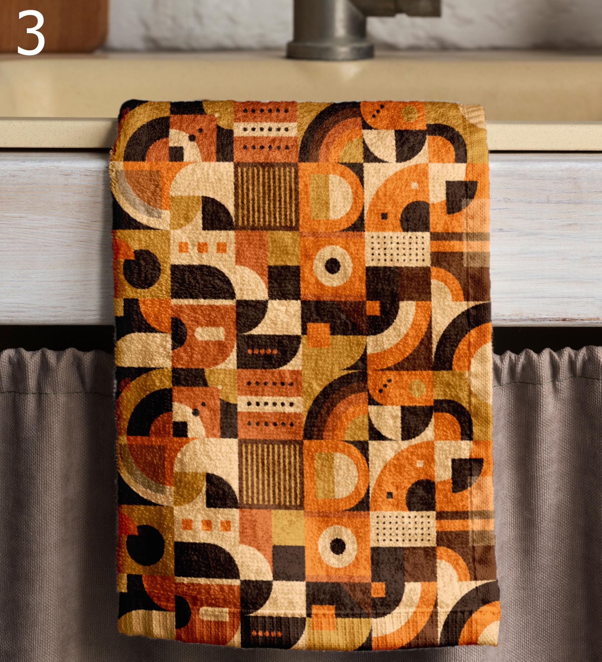 Mid Century Kitchen Towels, Retro Tea Towels, 70s Bauhaus Dish Towels, Bauhaus Retro Bath Towel, Retro Geometric Abstract Bathroom Towels