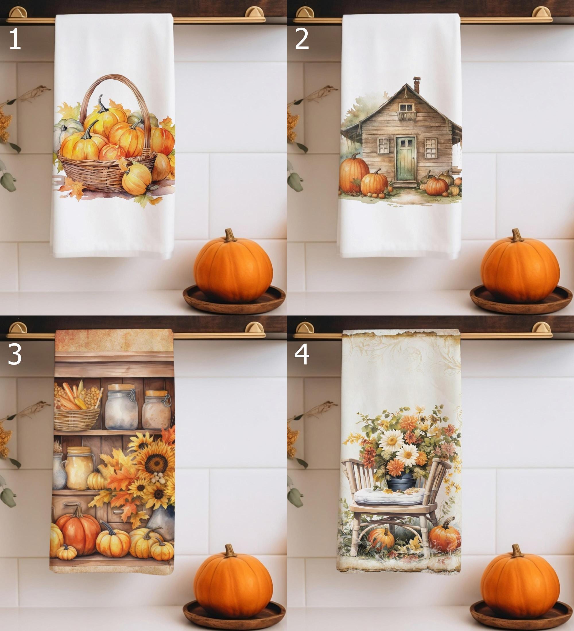 Thanksgiving Pumpkin Tea Towels, Autumn Harvest Dish Towels, Decorative Pumpkins Kitchen Towels, Fall Pumpkins Tea Towels