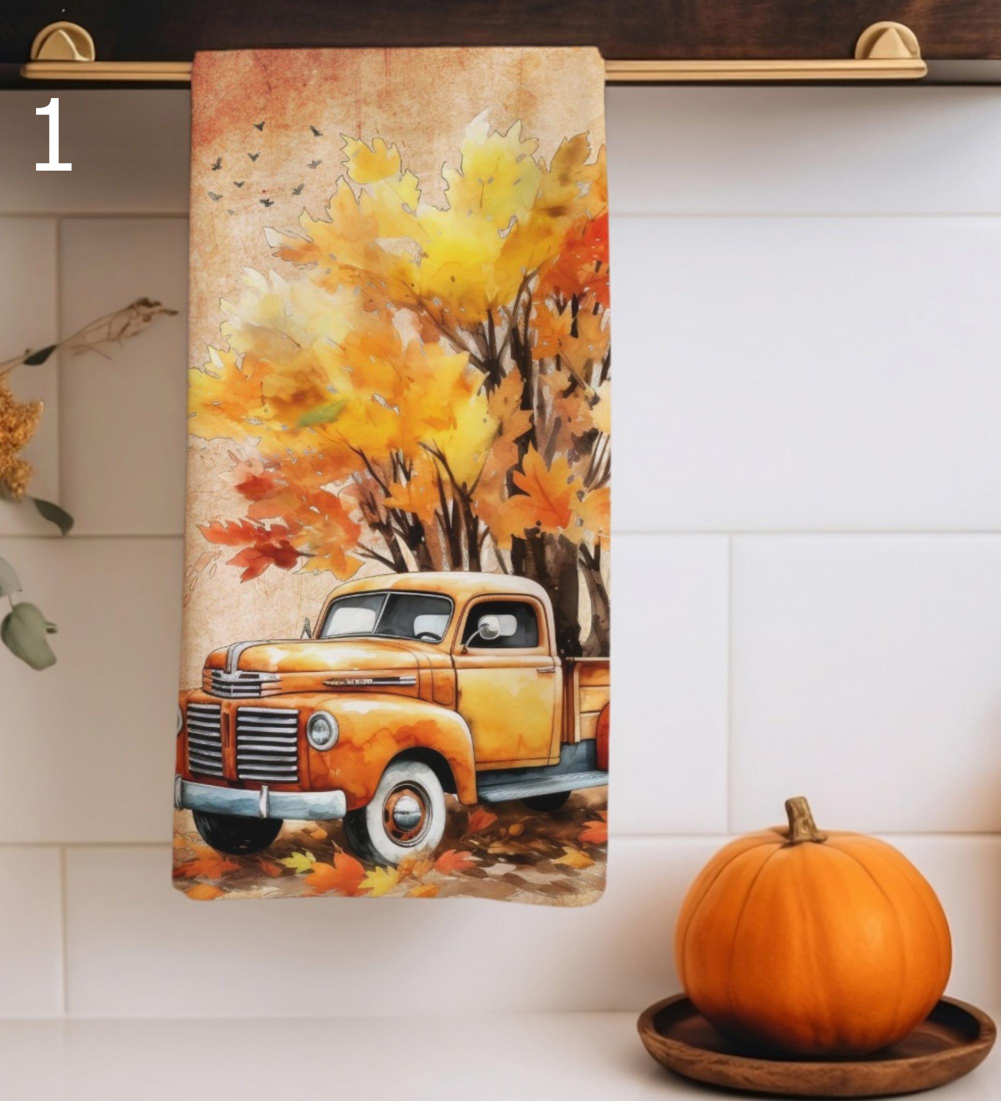 Autumn Car Tea Towels, Fall Leaves Kitchen Towels, Watercolor Orange Kitchen Decor, Fall Classic Car Kitchen Decor, Fall Tea Towels