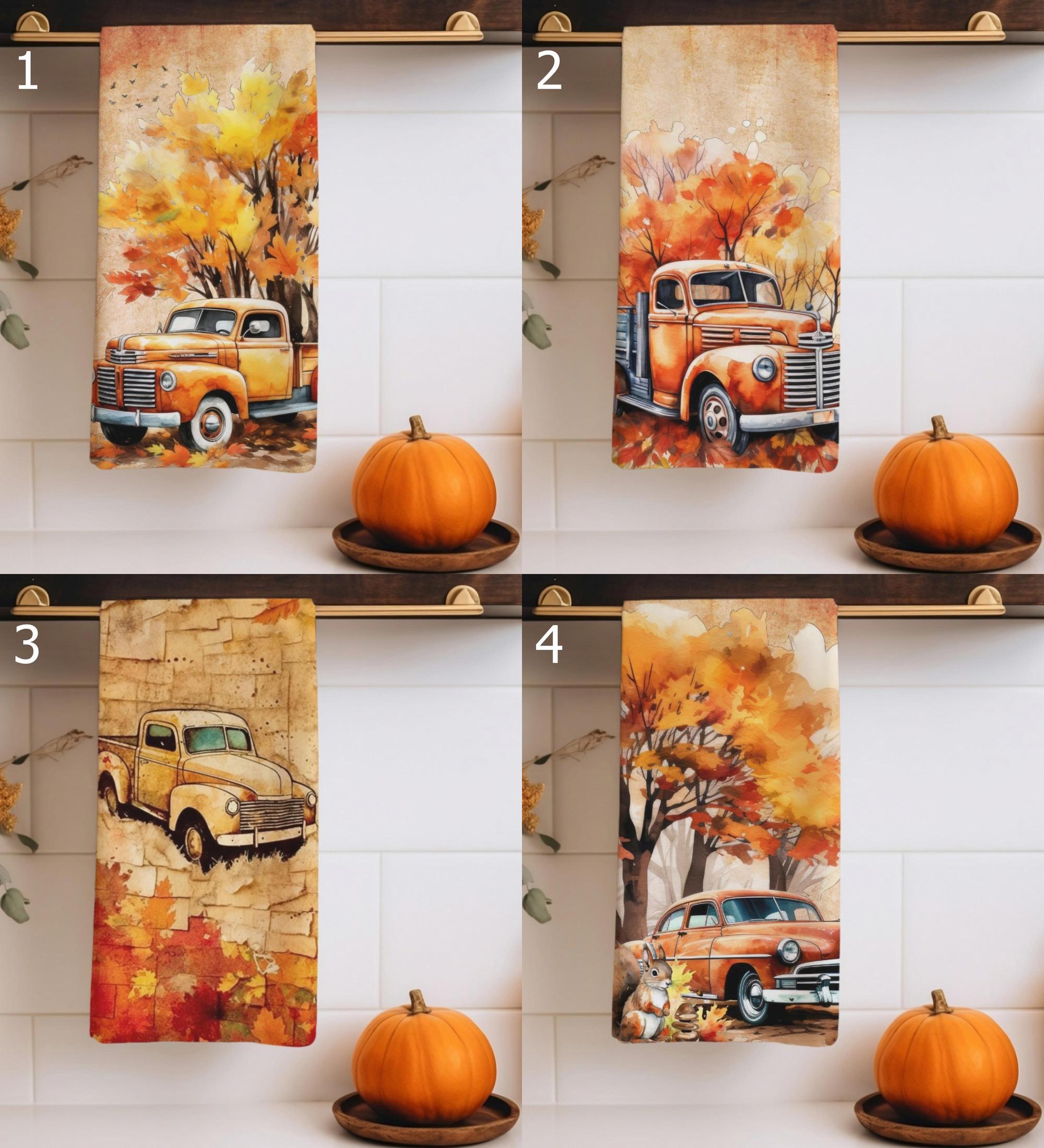 Autumn Car Tea Towels, Fall Leaves Kitchen Towels, Watercolor Orange Kitchen Decor, Fall Classic Car Kitchen Decor, Fall Tea Towels