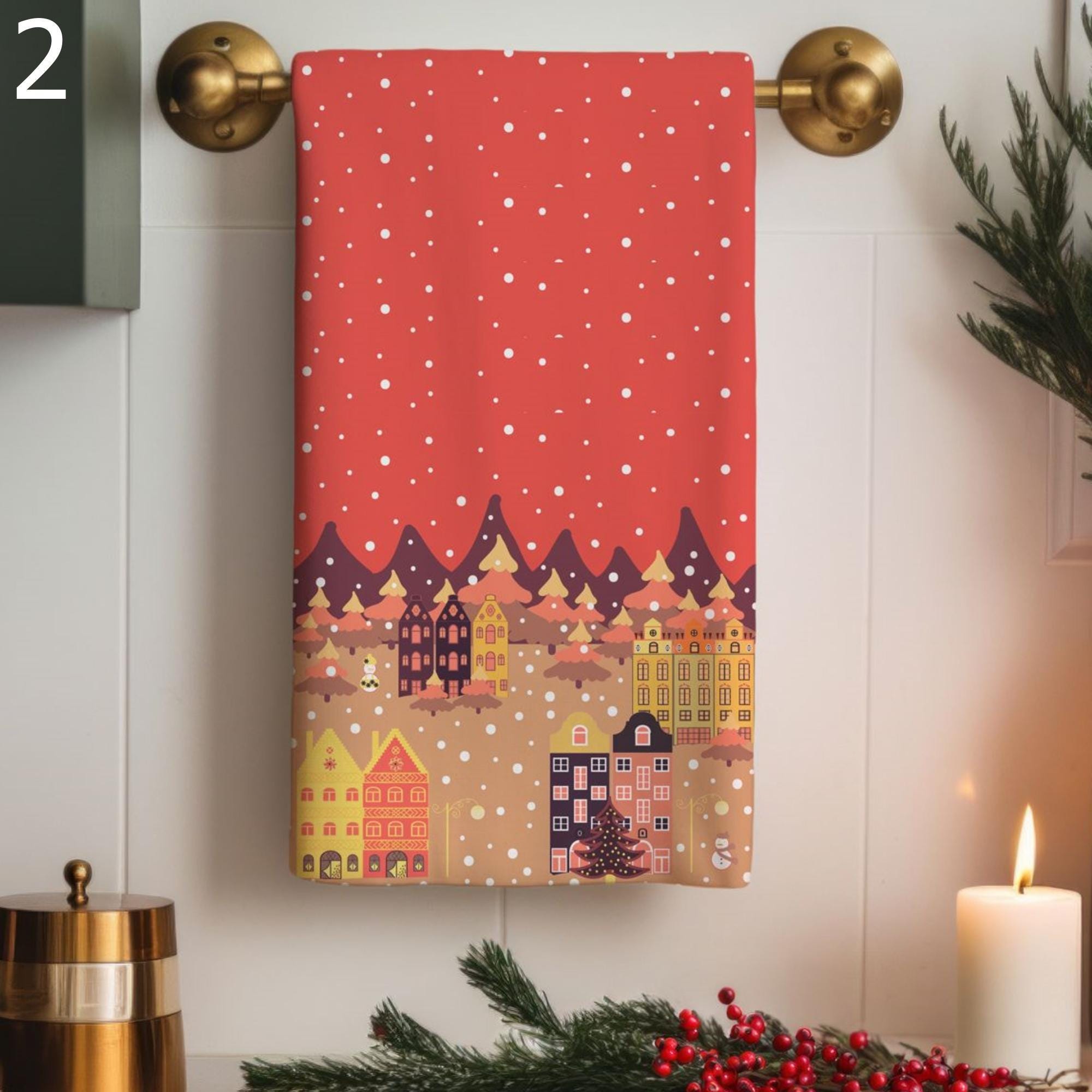 Christmas Towels, Christmas Print Hand Towels, Xmas Dish Towels, Winter Tea Towels, Xmas Bathroom Towels, Holly Christmas Kitchen Decor