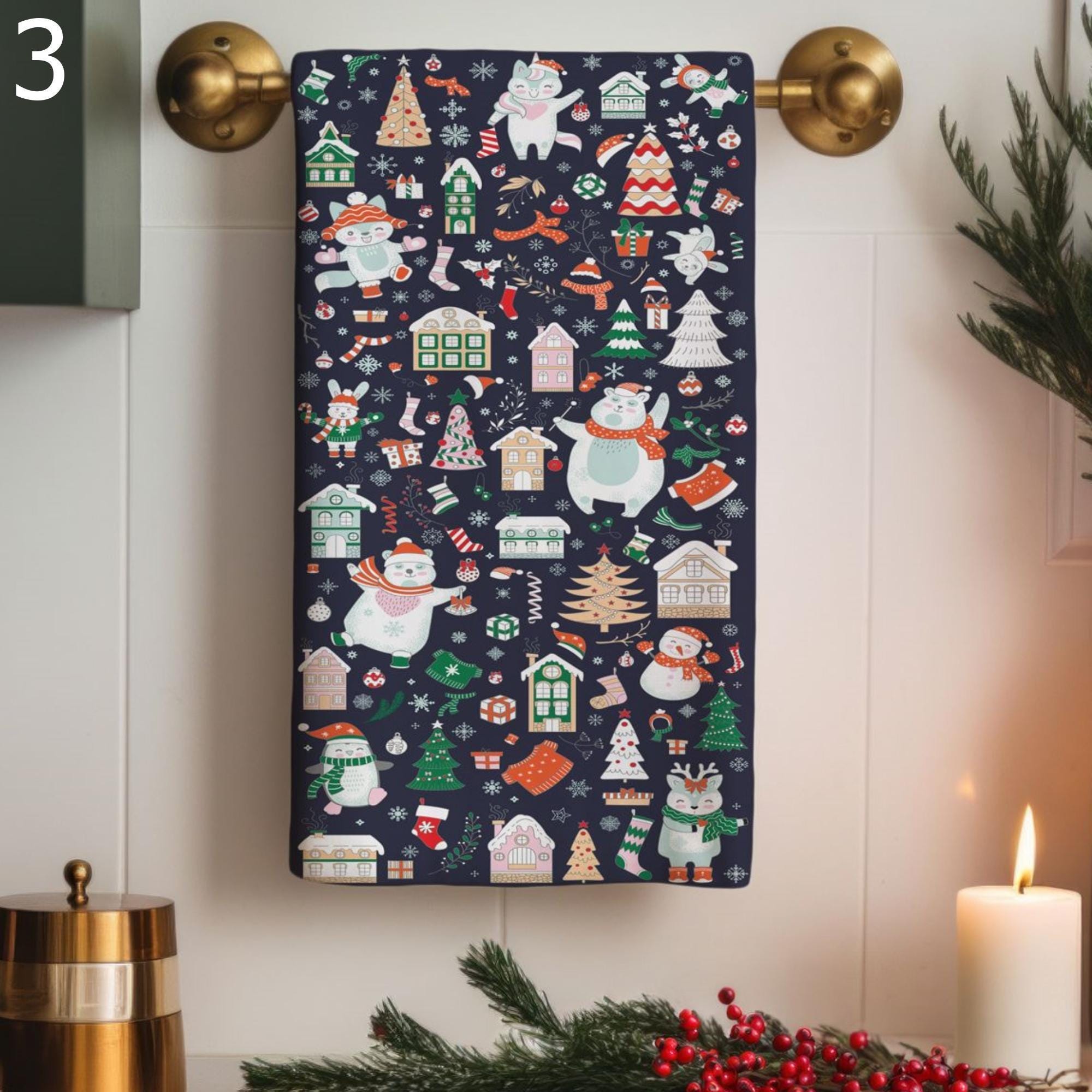 Christmas Towels, Christmas Print Hand Towels, Xmas Dish Towels, Winter Tea Towels, Xmas Bathroom Towels, Holly Christmas Kitchen Decor
