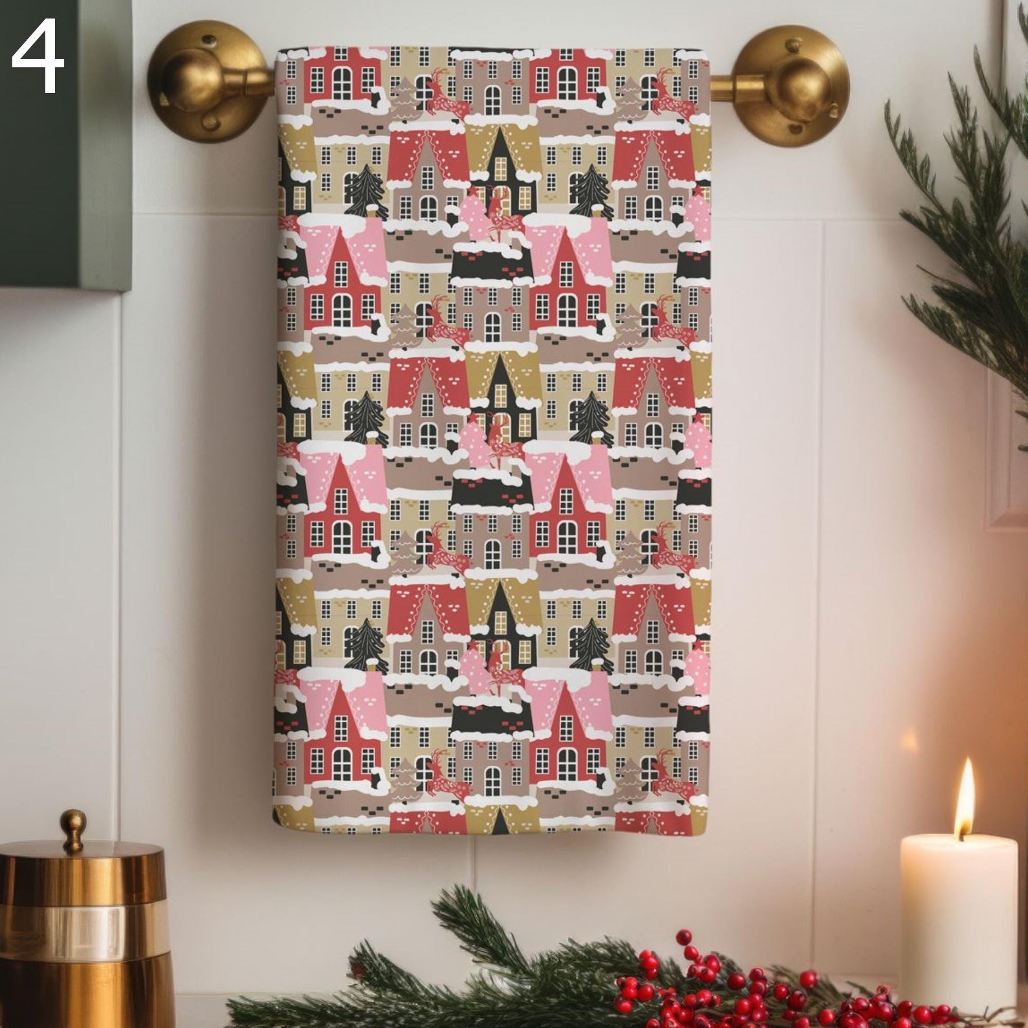 Christmas Towels, Christmas Print Hand Towels, Xmas Dish Towels, Winter Tea Towels, Xmas Bathroom Towels, Holly Christmas Kitchen Decor