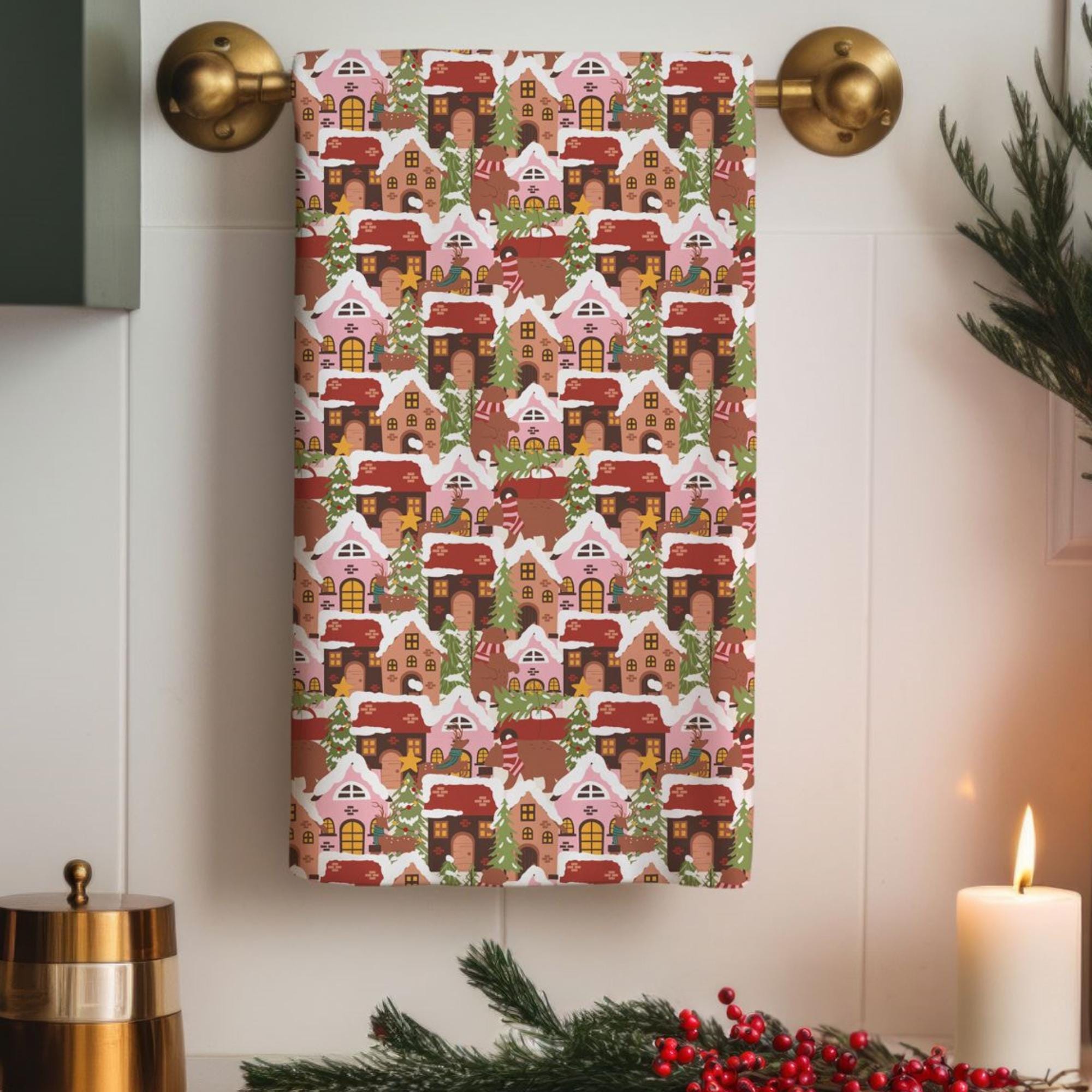 Christmas Towels, Christmas Print Hand Towels, Xmas Dish Towels, Winter Tea Towels, Xmas Bathroom Towels, Holly Christmas Kitchen Decor
