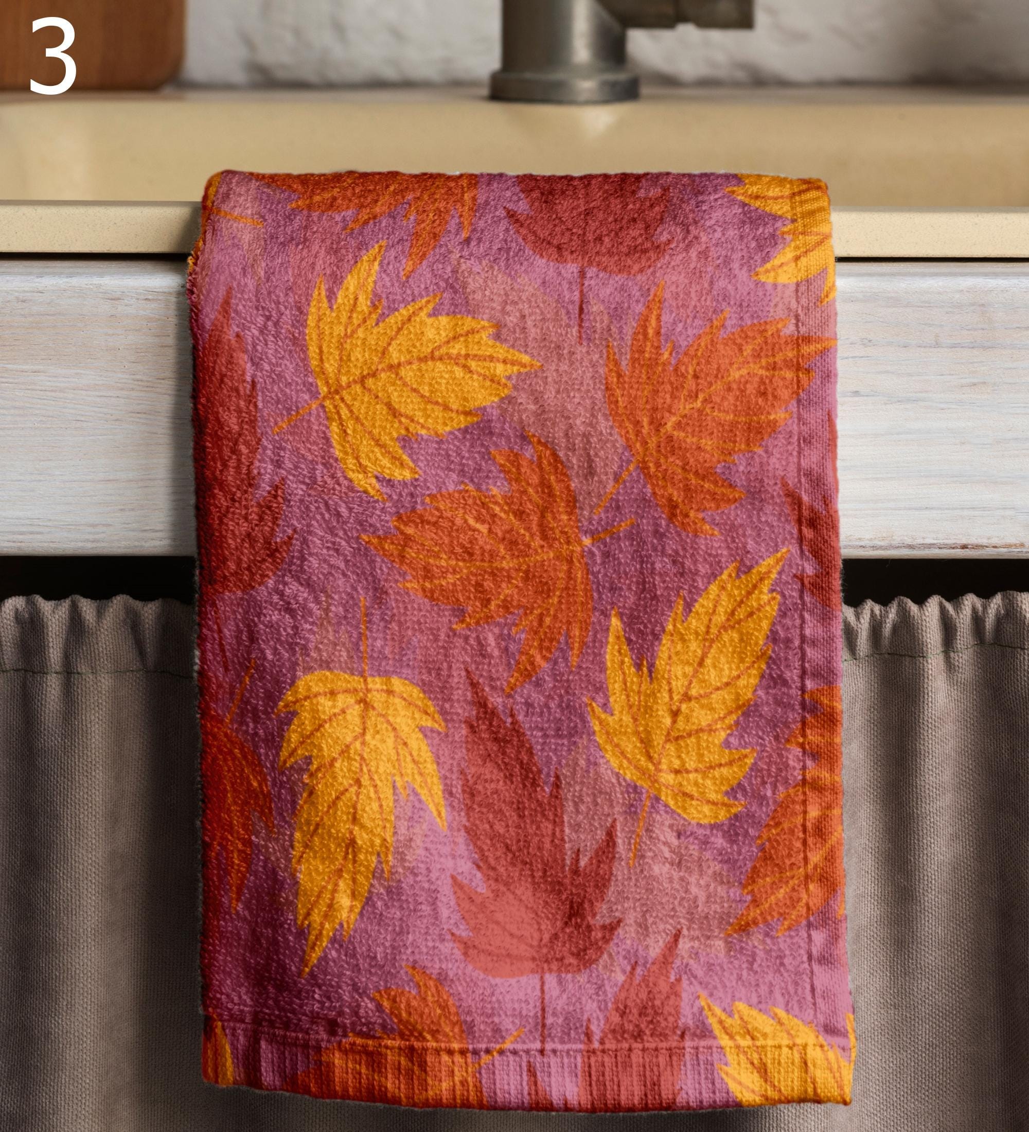 Fall Tea Towels, Autumn Leaf Kitchen Tea Towels, Autumn Printed Dish Towels, Thanksgiving Dish Towel, Fall Kitchen Decor