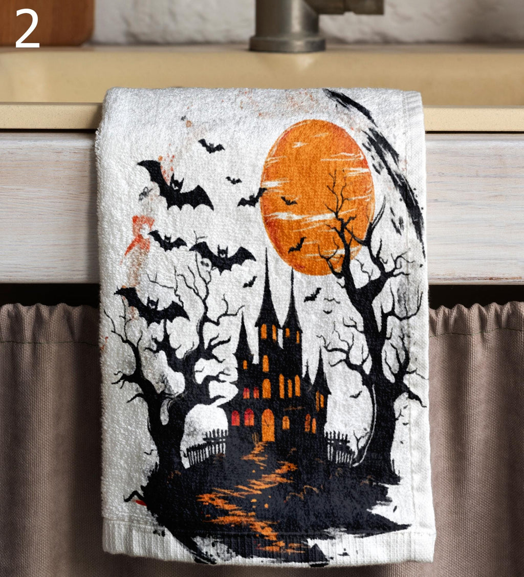 Halloween Kitchen Towels, Spooky Witch Tea Towels, Haunted Castle Kitchen Decor, Cat & Pumpkin Dish Towel, Trick or Treat Towels