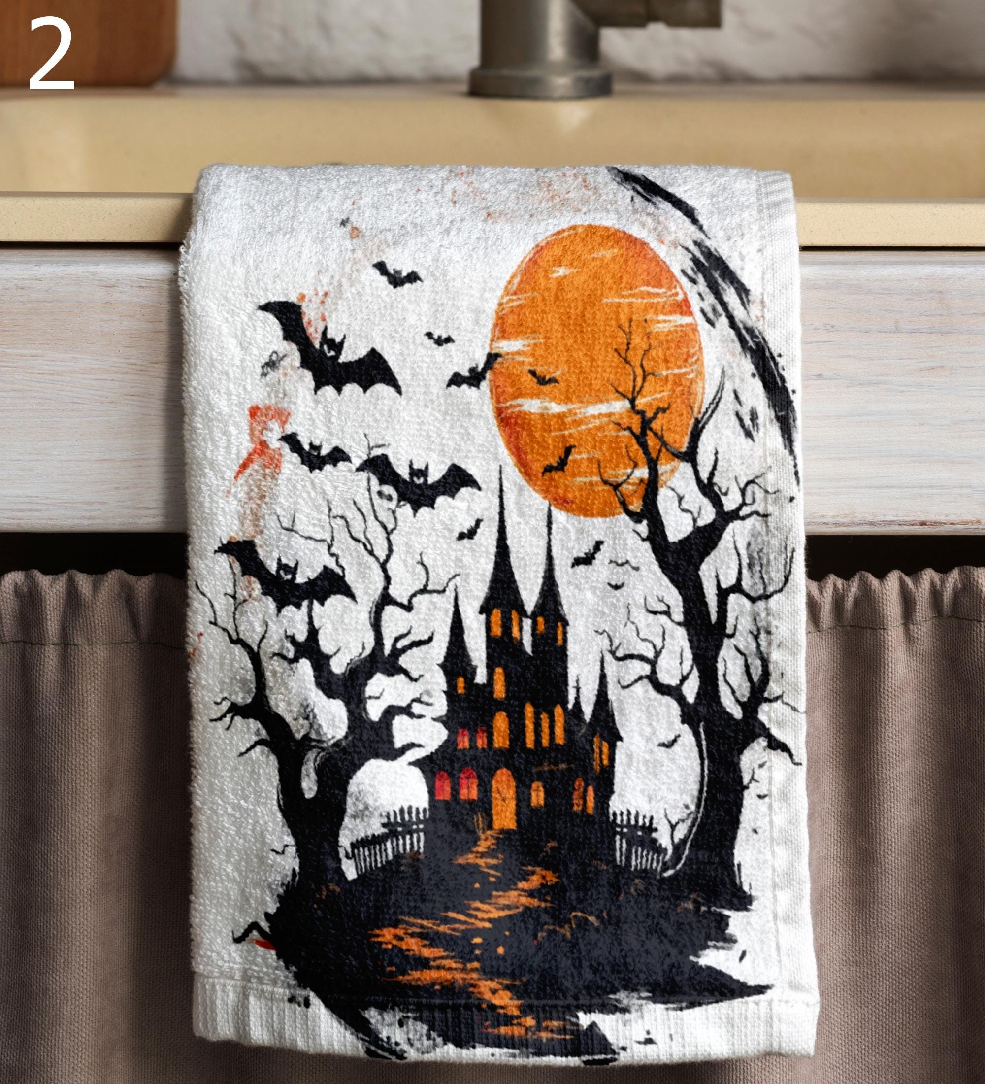 Halloween Kitchen Towels, Spooky Witch Tea Towels, Haunted Castle Kitchen Decor, Cat & Pumpkin Dish Towel, Trick or Treat Towels