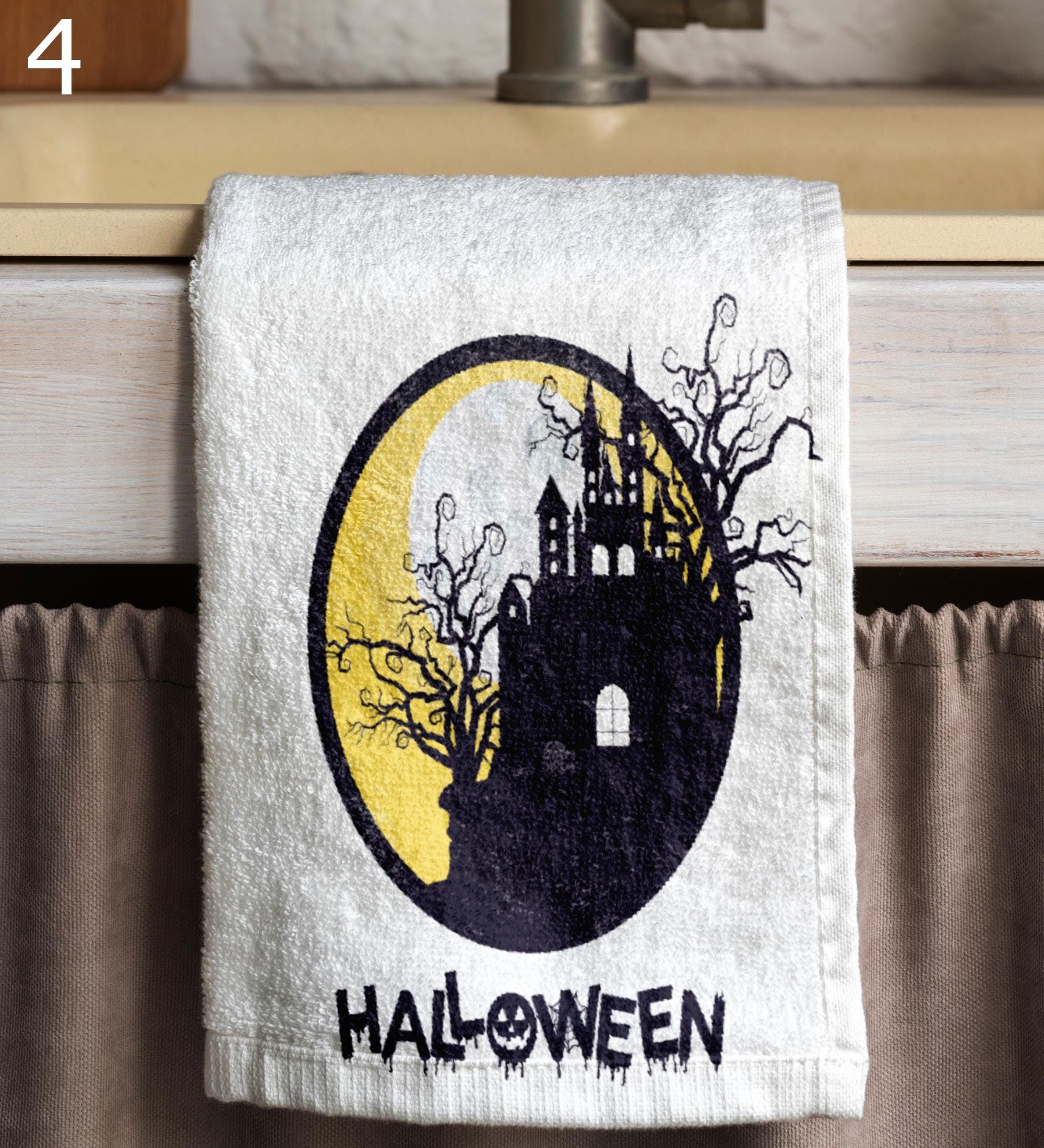 Halloween Kitchen Towels, Spooky Witch Tea Towels, Haunted Castle Kitchen Decor, Cat & Pumpkin Dish Towel, Trick or Treat Towels
