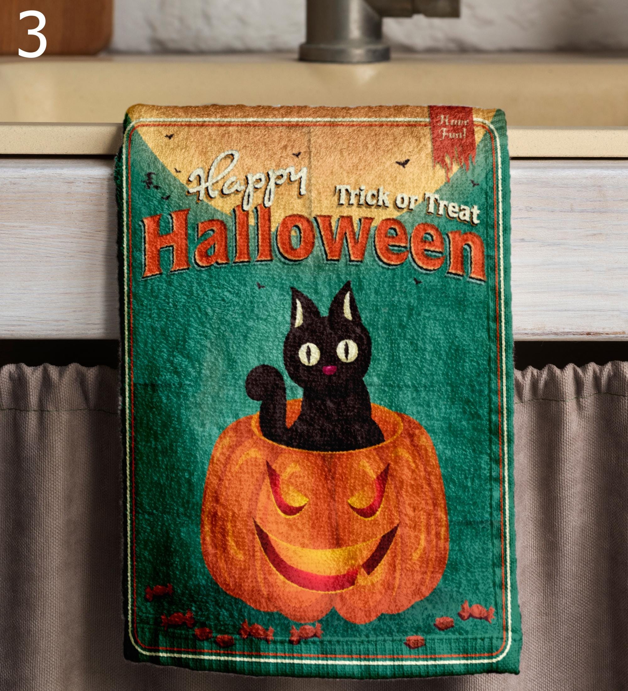 Halloween Kitchen Towels, Spooky Witch Tea Towels, Haunted Castle Kitchen Decor, Cat & Pumpkin Dish Towel, Trick or Treat Towels
