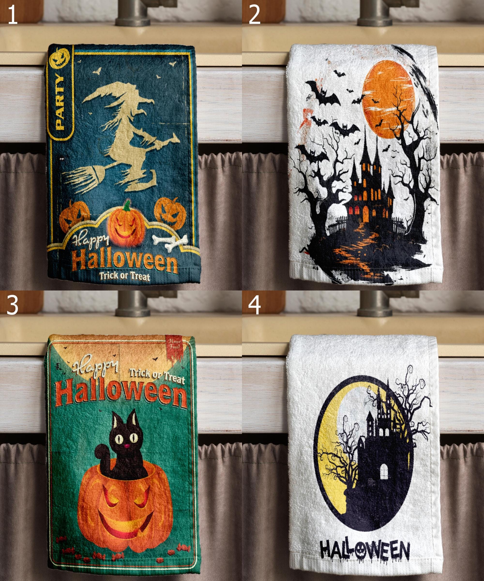 Halloween Kitchen Towels, Spooky Witch Tea Towels, Haunted Castle Kitchen Decor, Cat & Pumpkin Dish Towel, Trick or Treat Towels