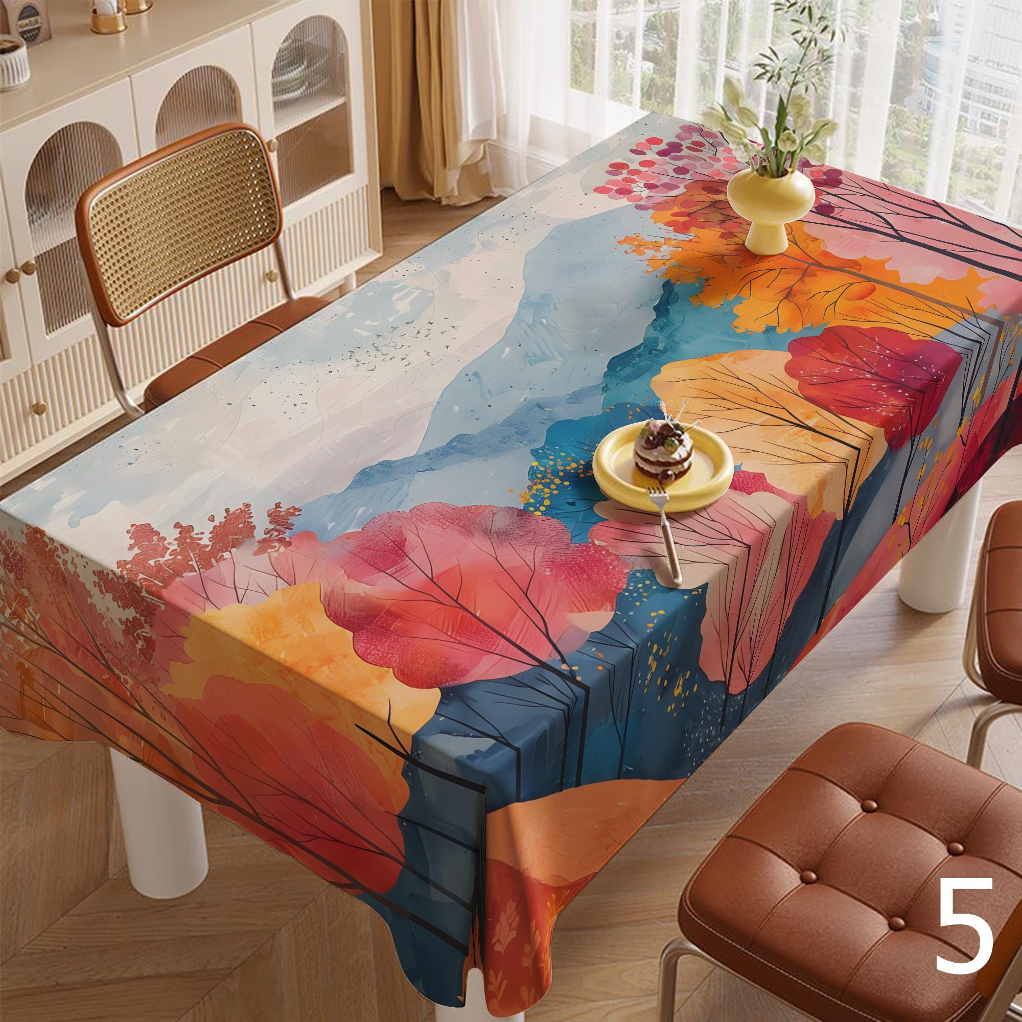 Fall Landscape Tablecloth, Autumn Abstract Table Covers, Watercolor Autumn Table Linens, Fall Forest Landscape Table Decor