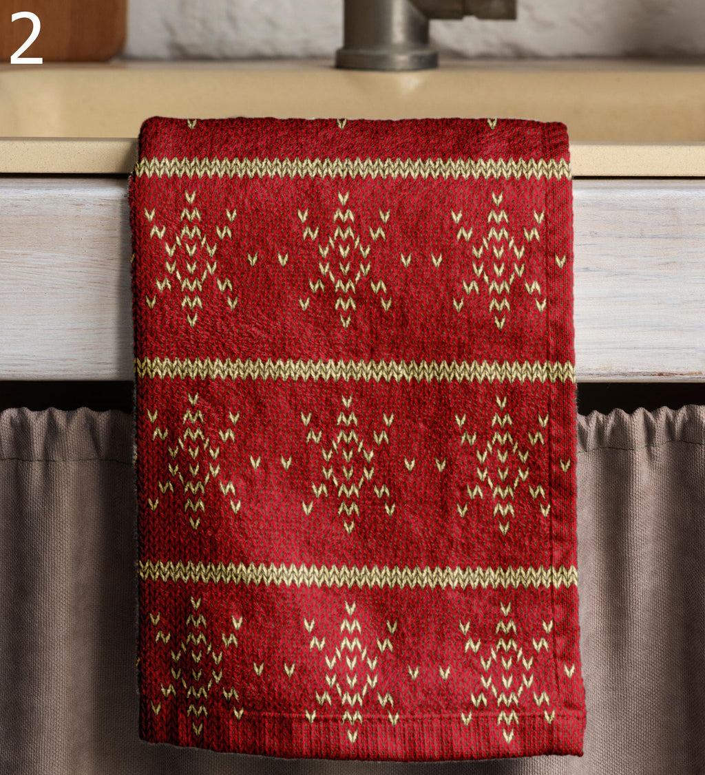 Christmas Pine Tea Towels, Snowflake Kitchen Decor Towels, Knitted Pattern Christmas Tea Towels, Winter Hand Towels, Red Xmas Tea Towels