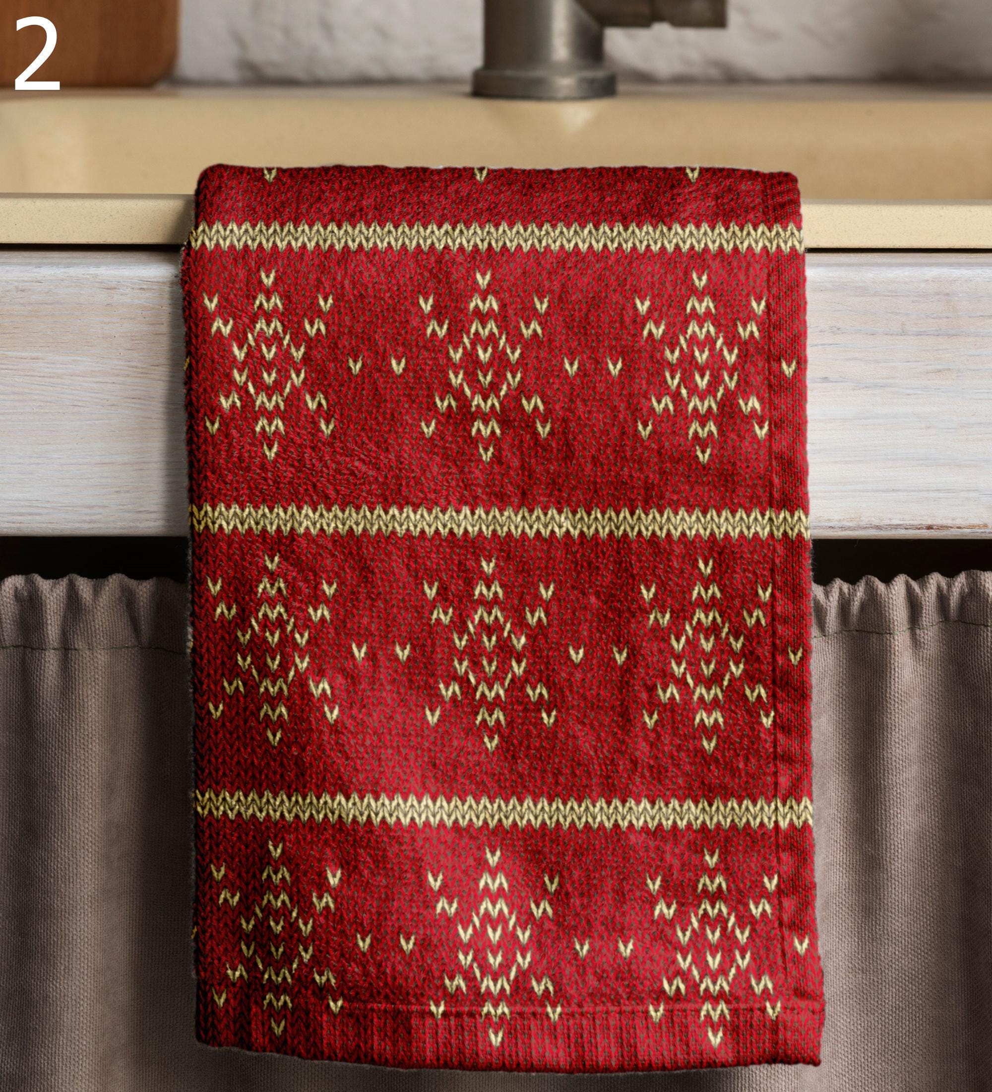 Christmas Pine Tea Towels, Snowflake Kitchen Decor Towels, Knitted Pattern Christmas Tea Towels, Winter Hand Towels, Red Xmas Tea Towels
